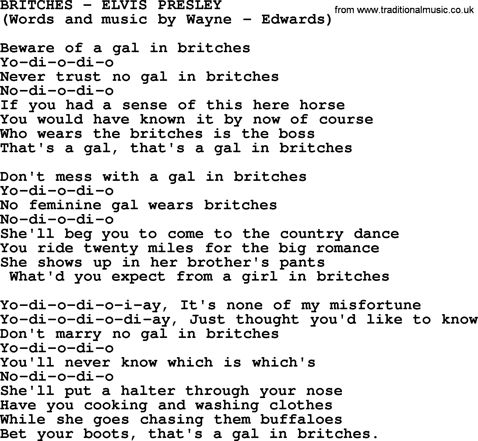 Elvis Presley song: Britches lyrics