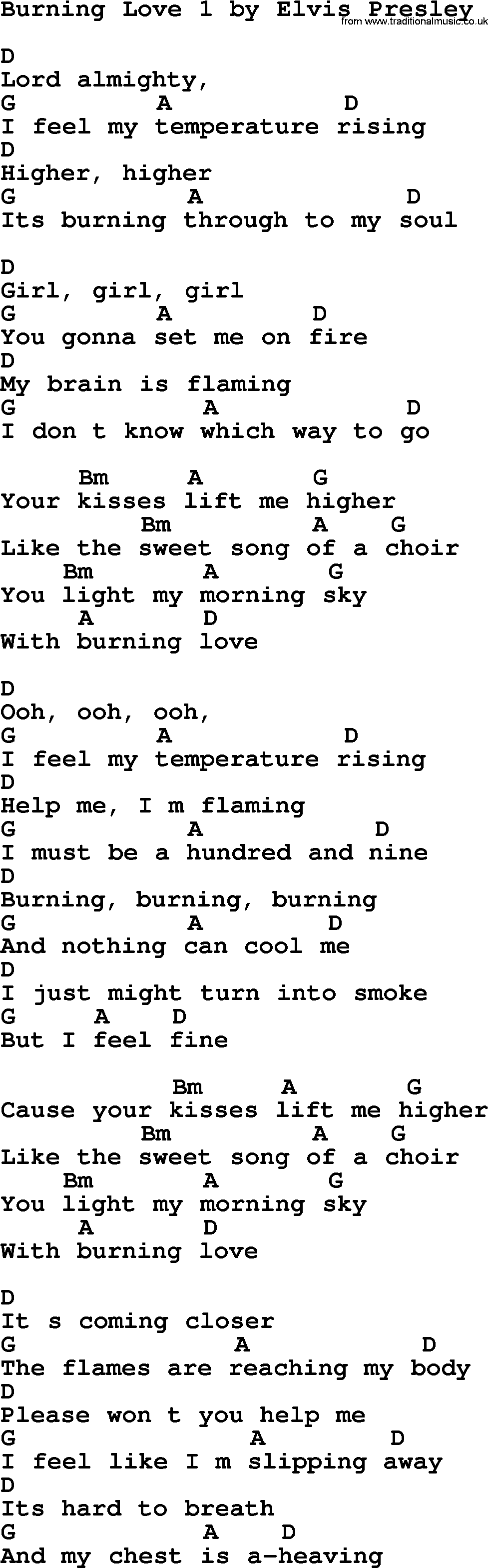 Elvis Presley song: Burning Love 1, lyrics and chords