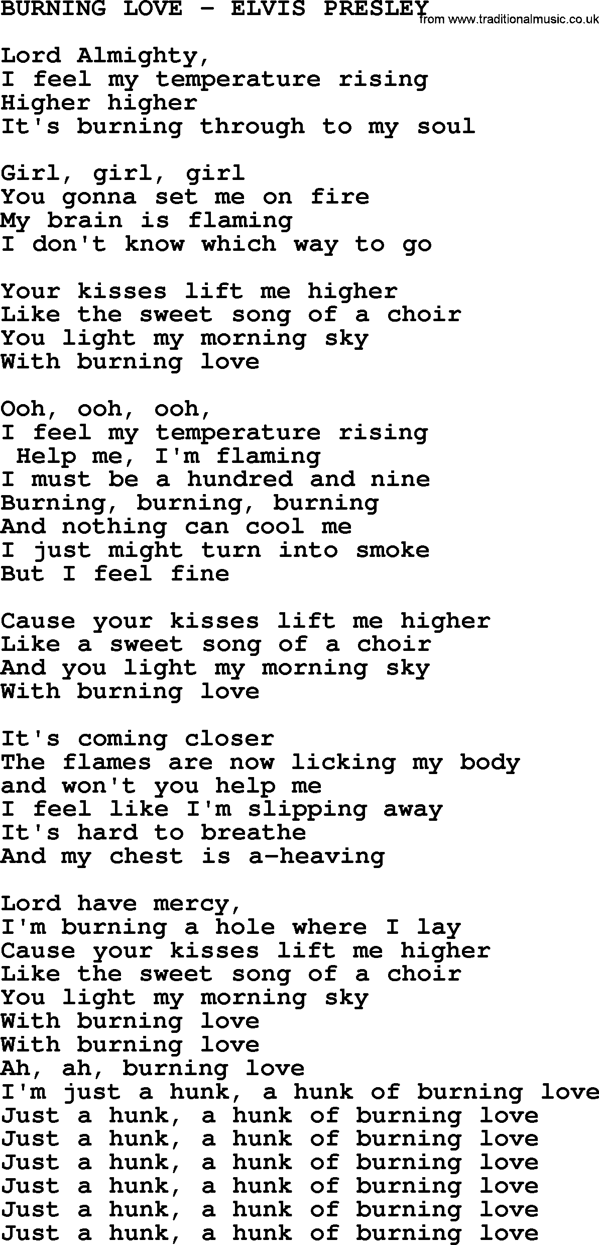 Elvis Presley song: Burning Love-Elvis Presley-.txt lyrics and chords