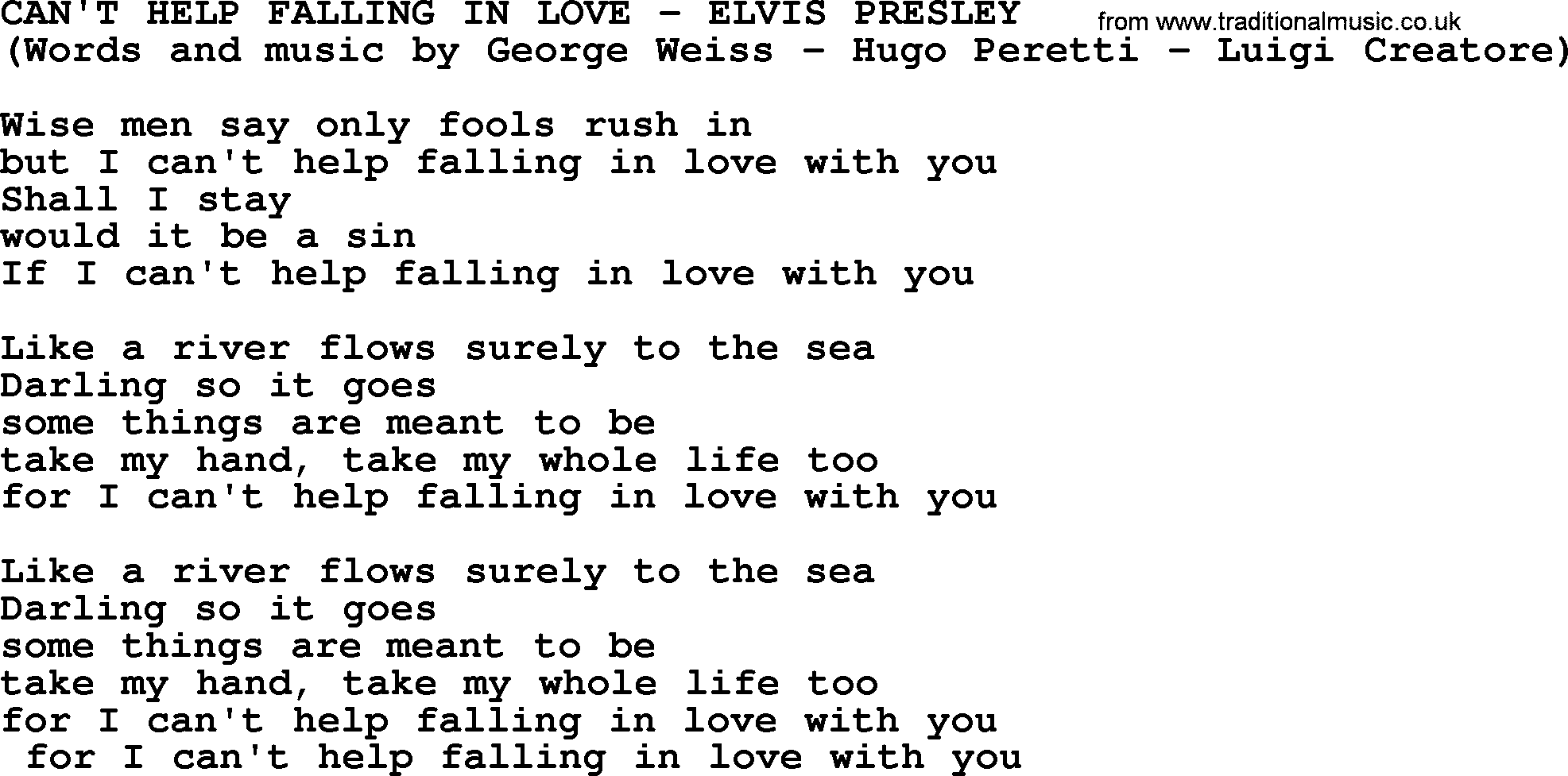 Elvis Presley song: Can't Help Falling In Love lyrics