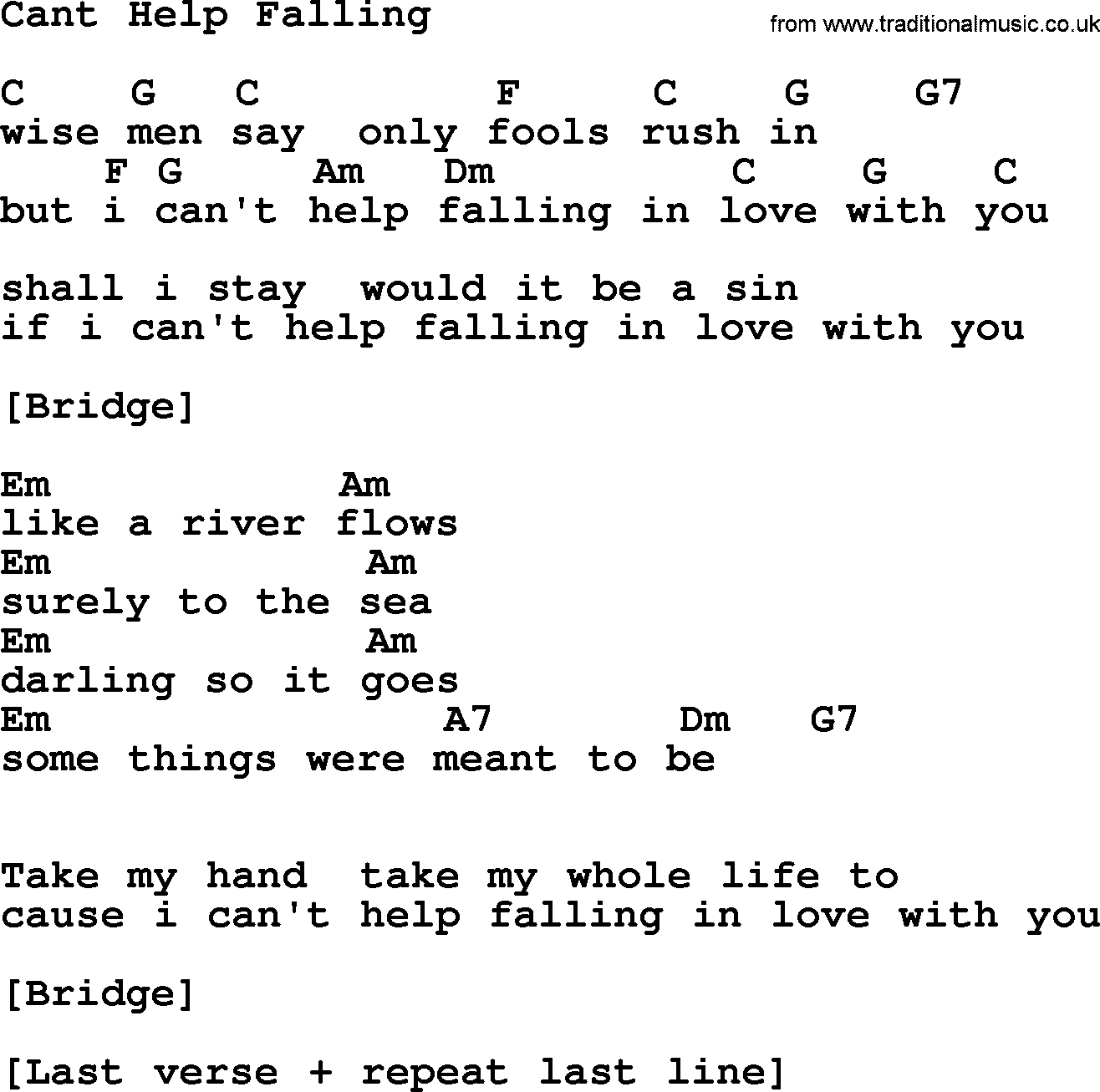 Elvis Presley song: Cant Help Falling, lyrics and chords