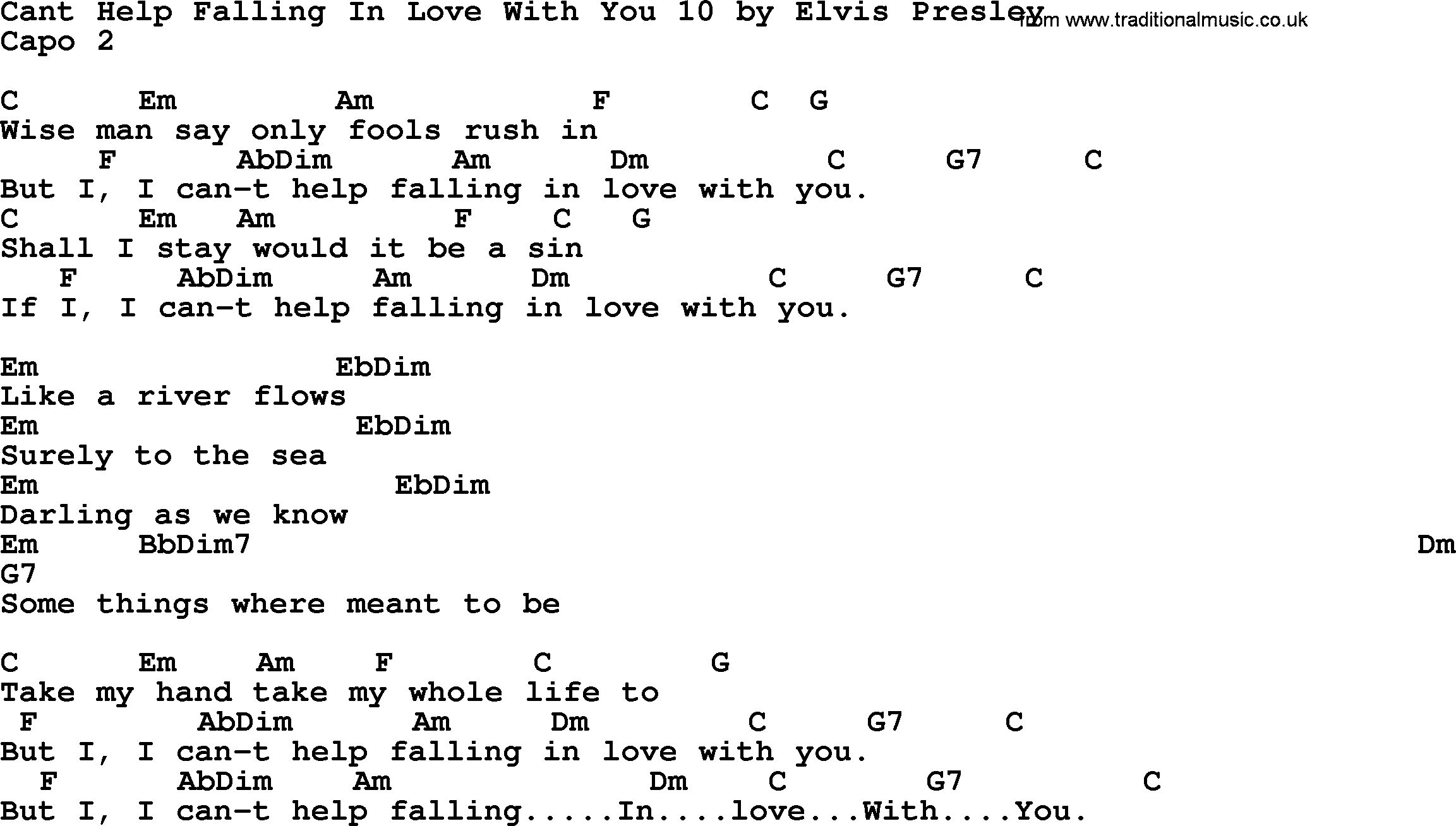 Elvis Presley song: Cant Help Falling In Love With You 10, lyrics and chords
