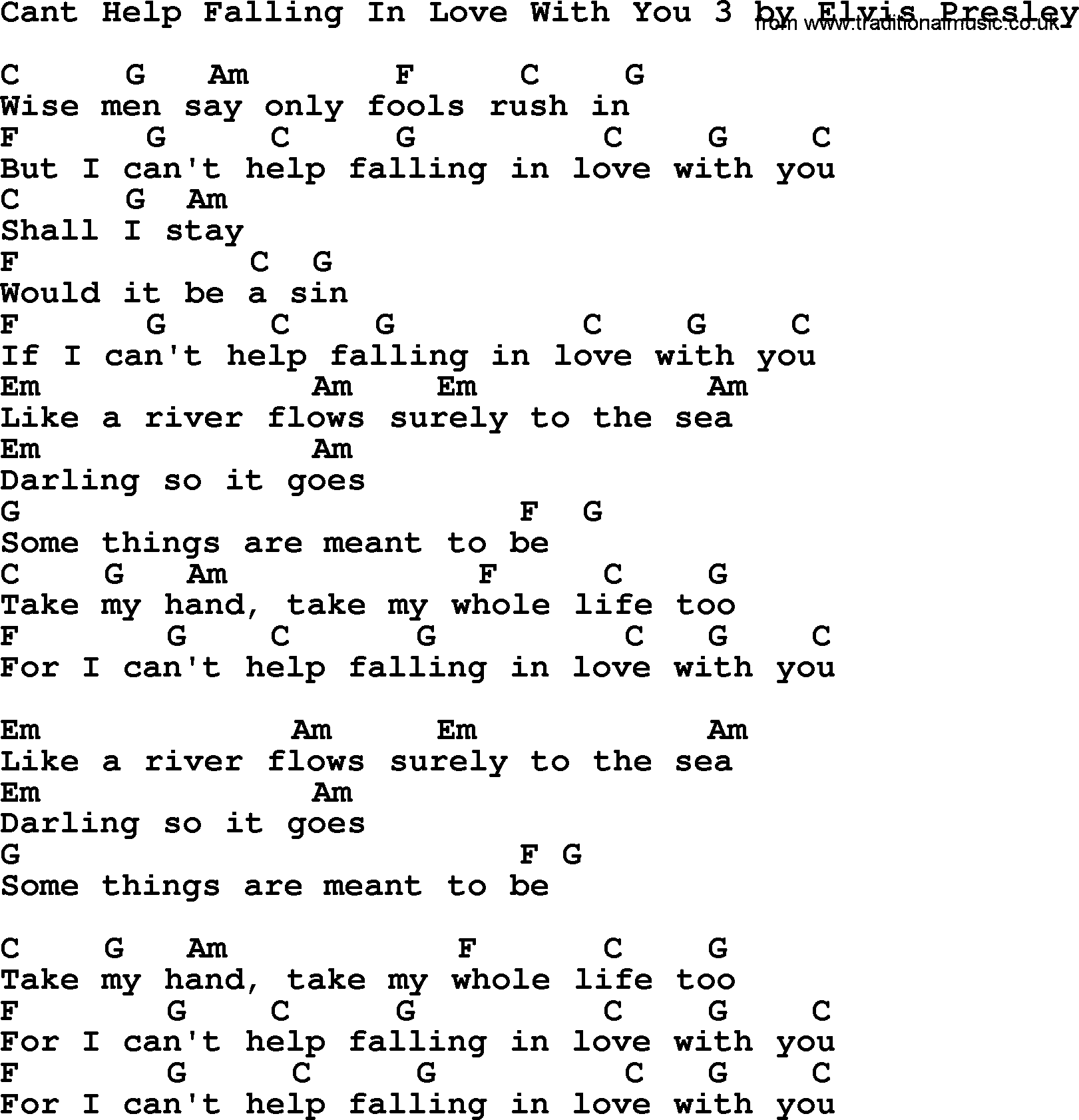 Elvis Presley song: Cant Help Falling In Love With You 3, lyrics and chords