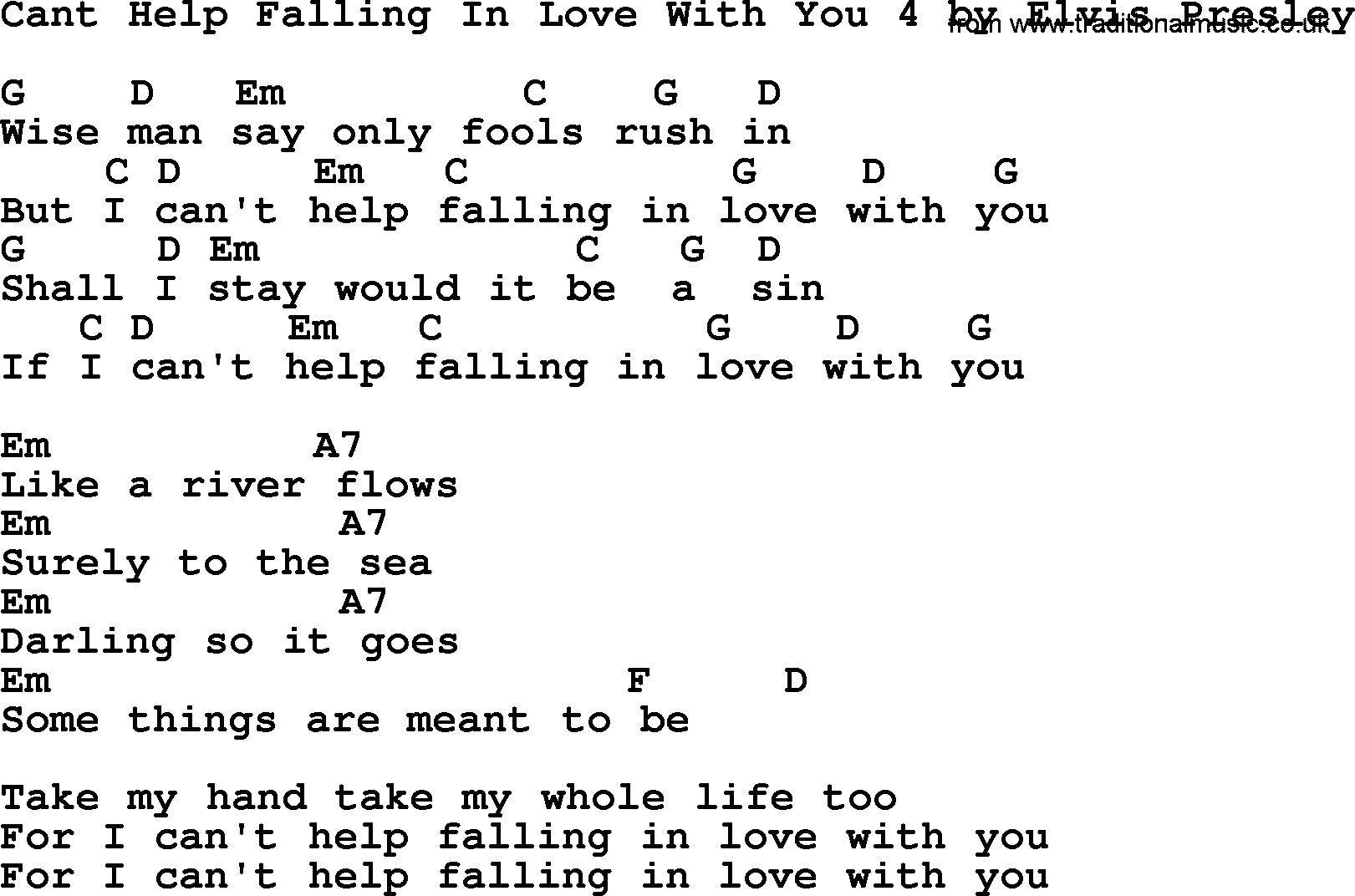 Elvis Presley song: Cant Help Falling In Love With You 4, lyrics and chords