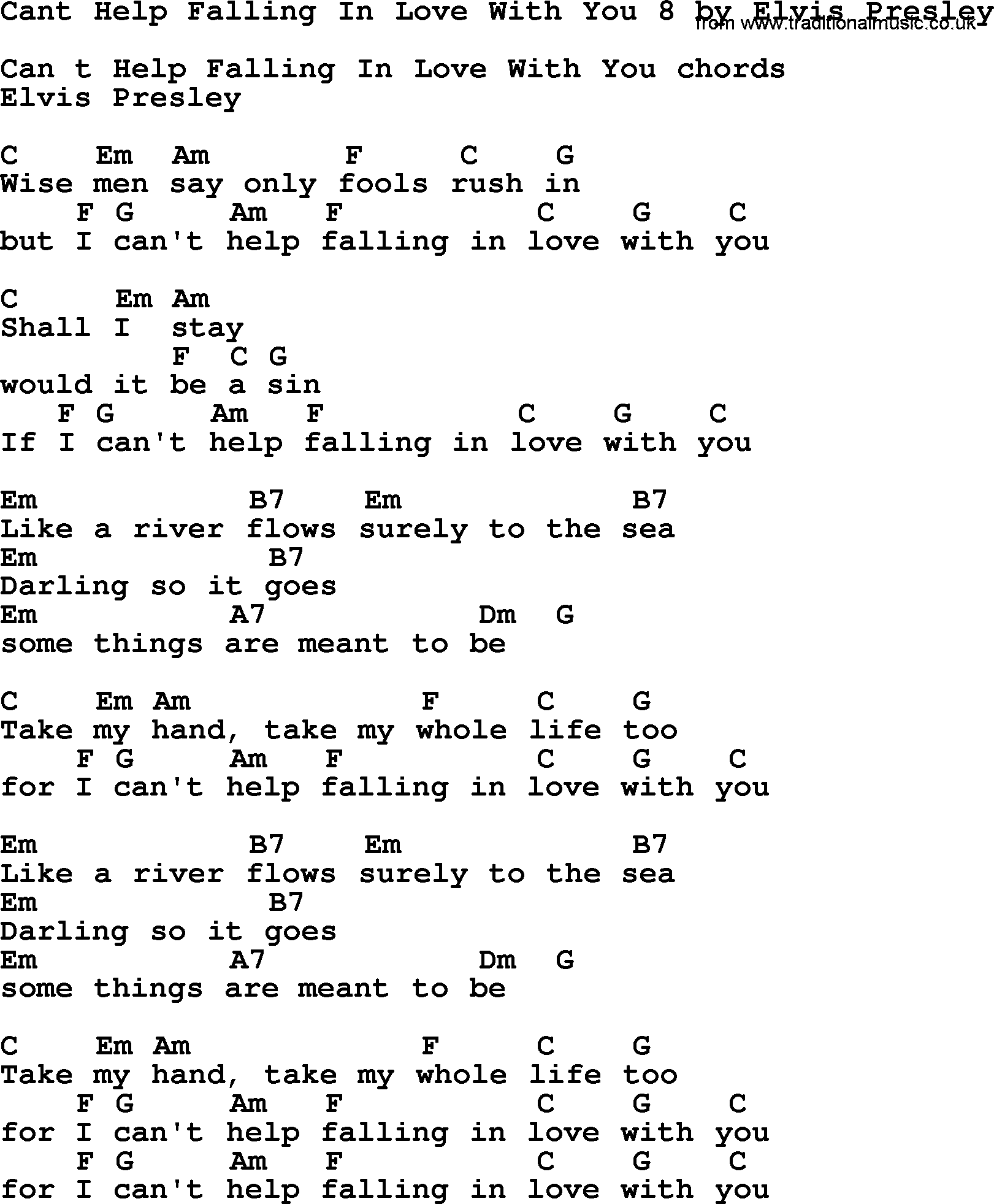 Elvis Presley song: Cant Help Falling In Love With You 8, lyrics and chords