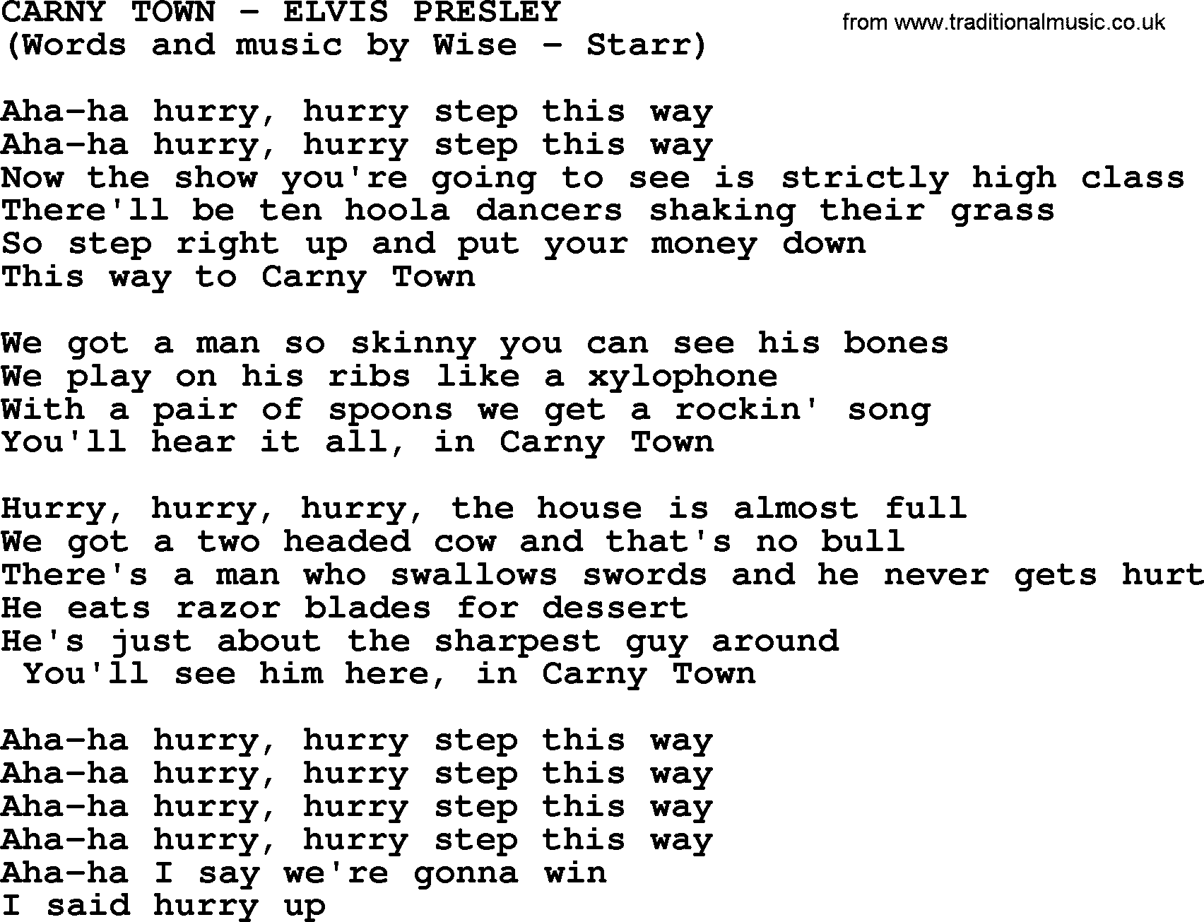 Elvis Presley song: Carny Town lyrics