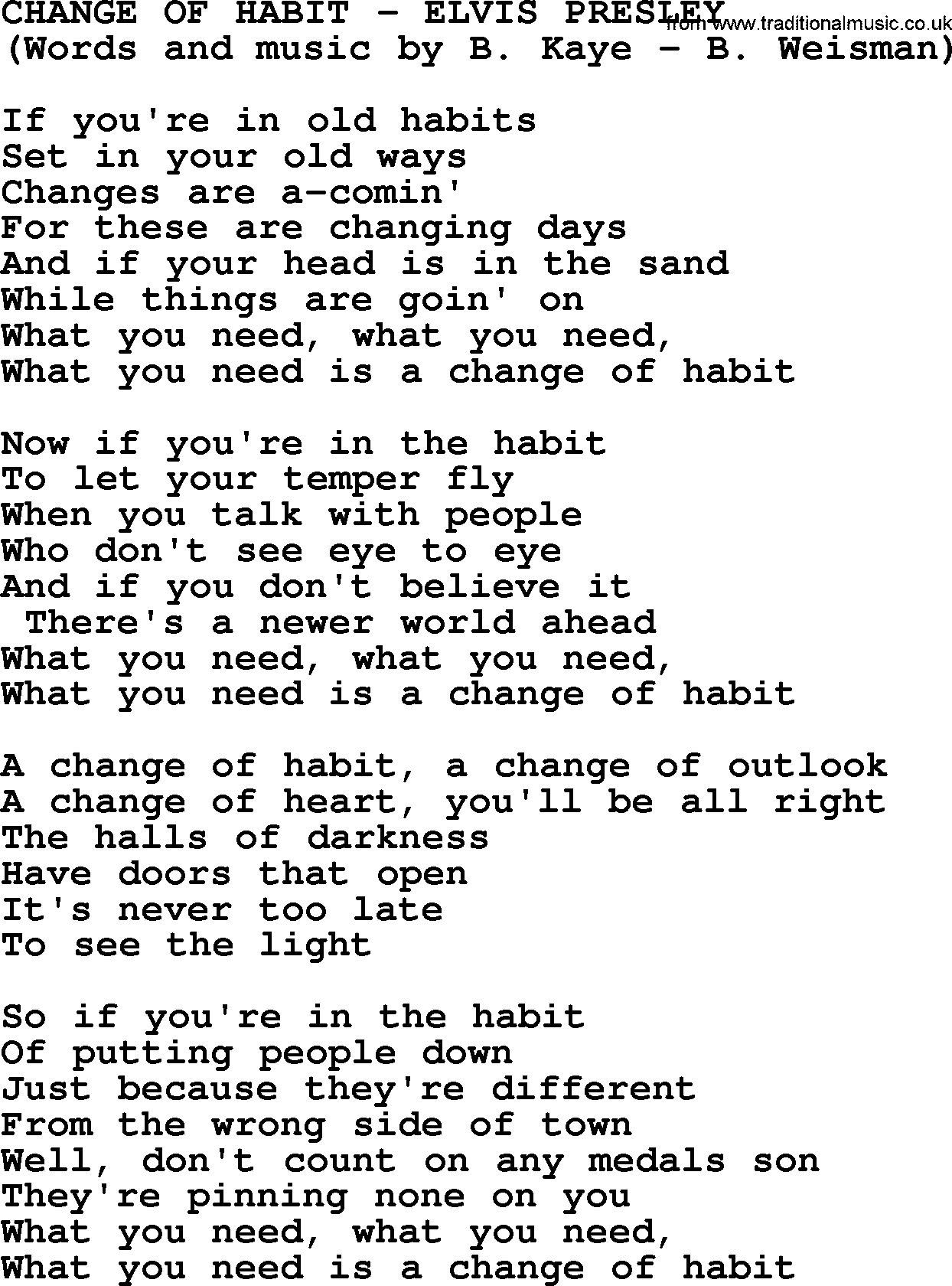 Elvis Presley song: Change Of Habit lyrics