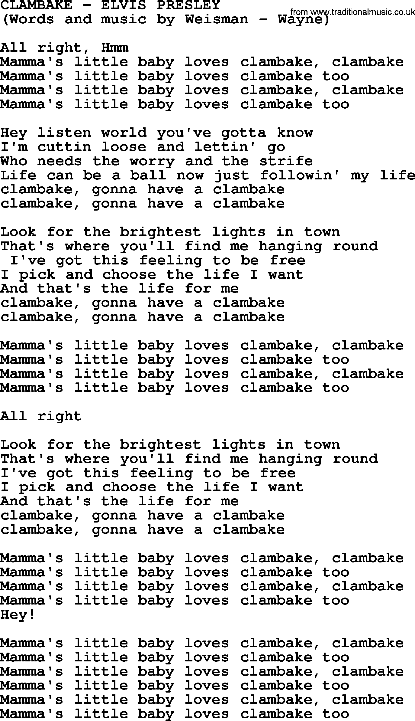 Elvis Presley song: Clambake lyrics