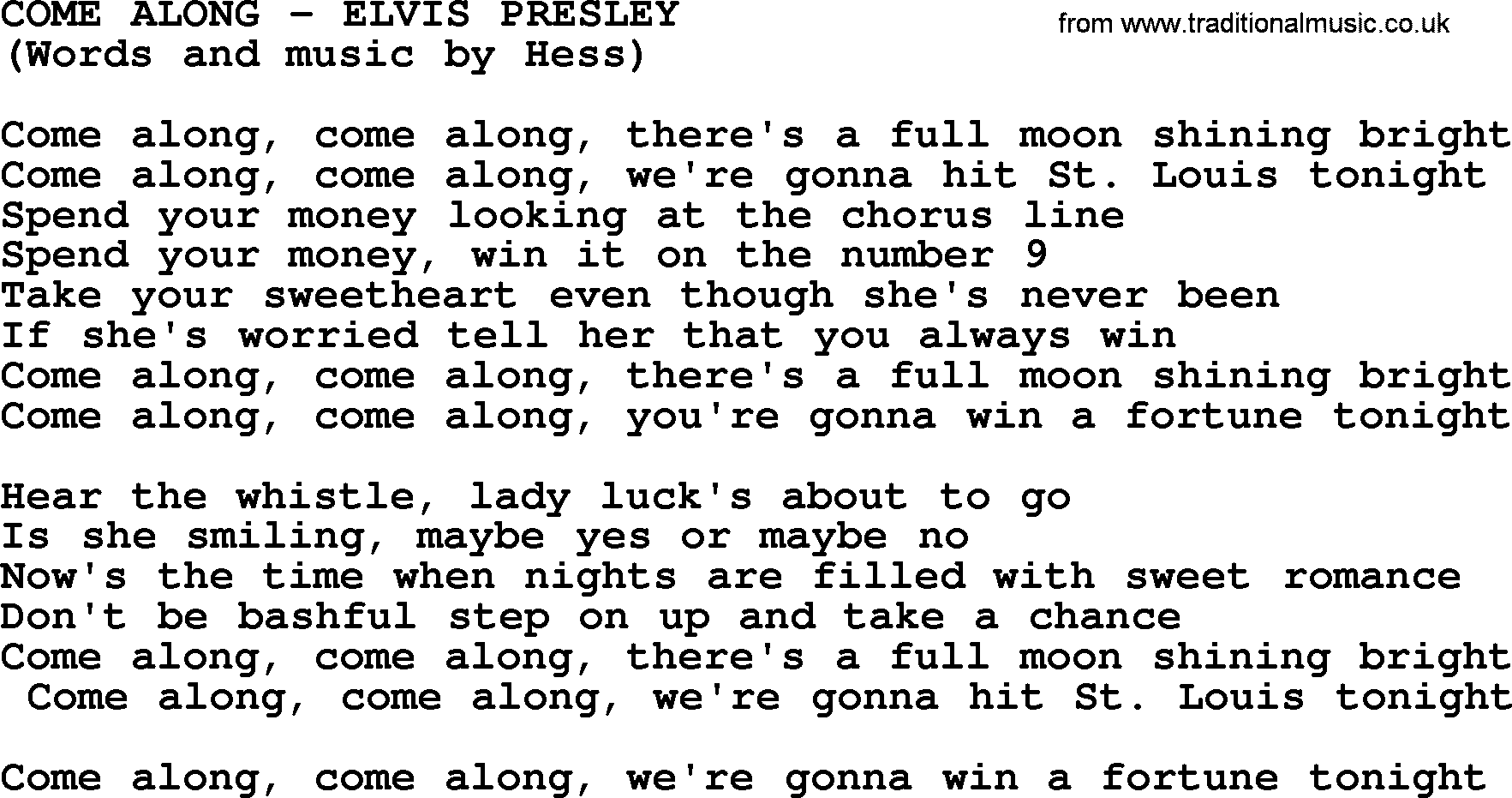 Elvis Presley song: Come Along lyrics