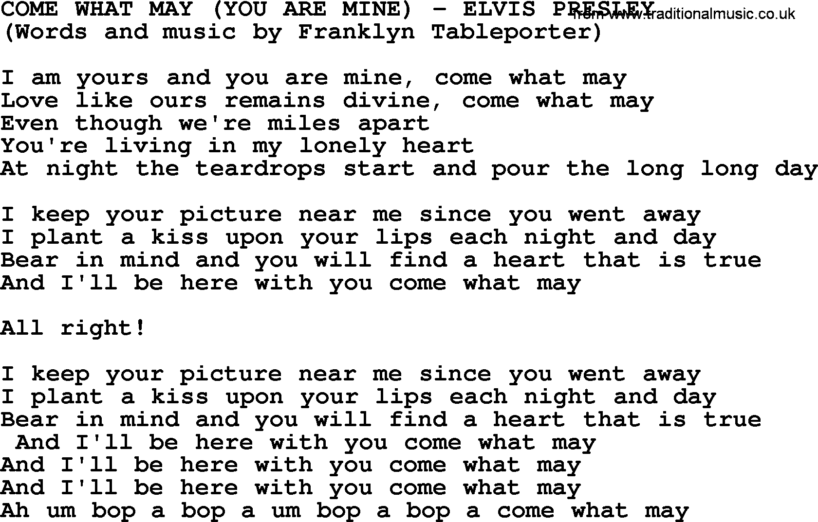 Elvis Presley song: Come What May (You Are Mine) lyrics