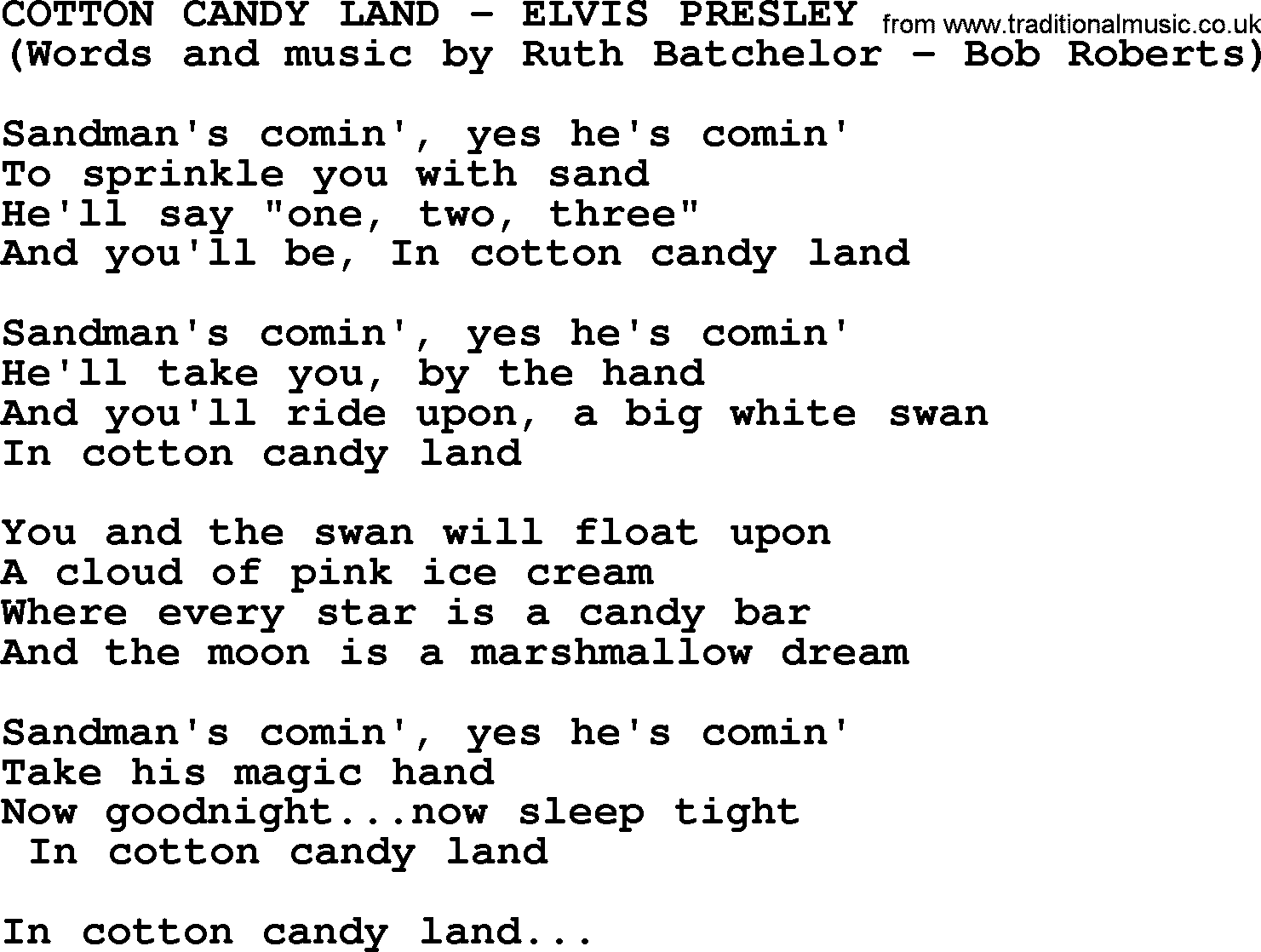 Elvis Presley song: Cotton Candy Land lyrics