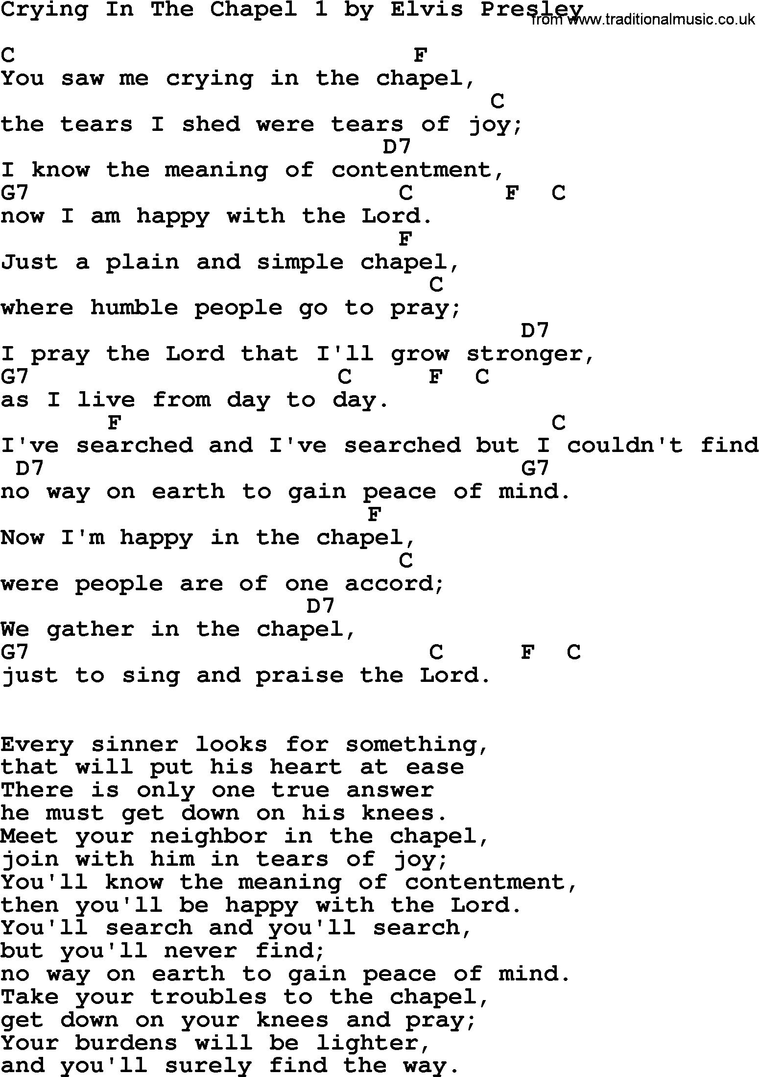 Elvis Presley song: Crying In The Chapel 1, lyrics and chords