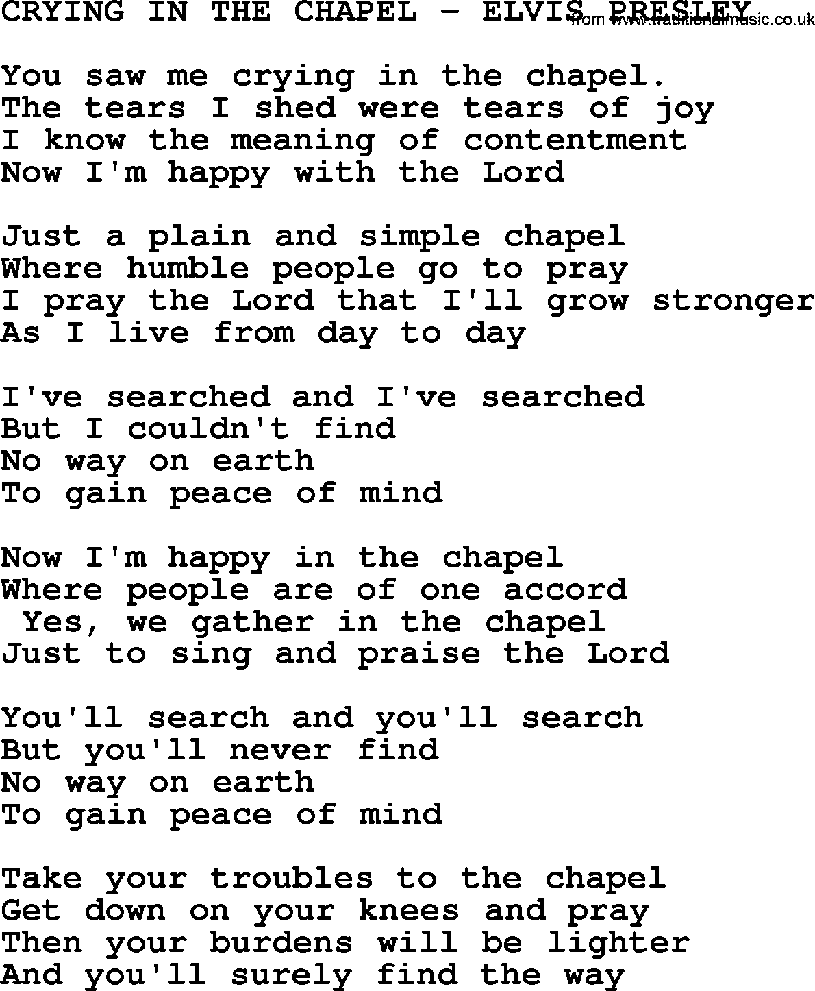 Elvis Presley song: Crying In The Chapel-Elvis Presley-.txt lyrics and chords