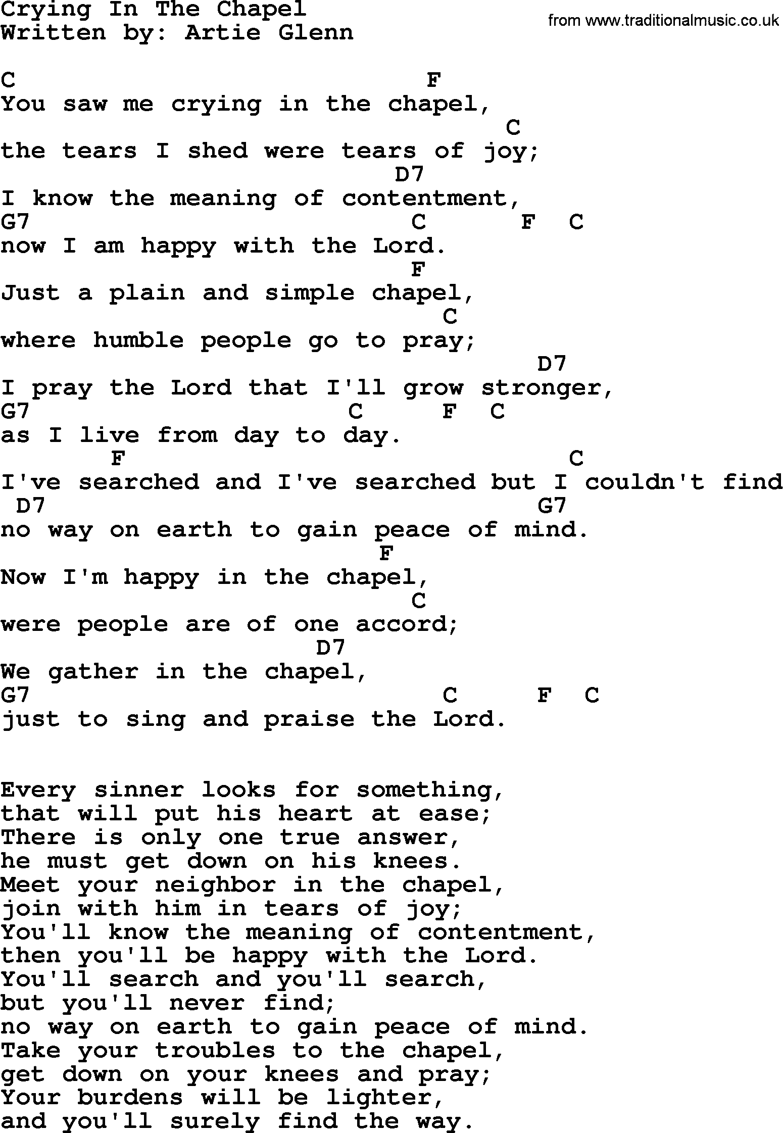 Elvis Presley song: Crying In The Chapel, lyrics and chords