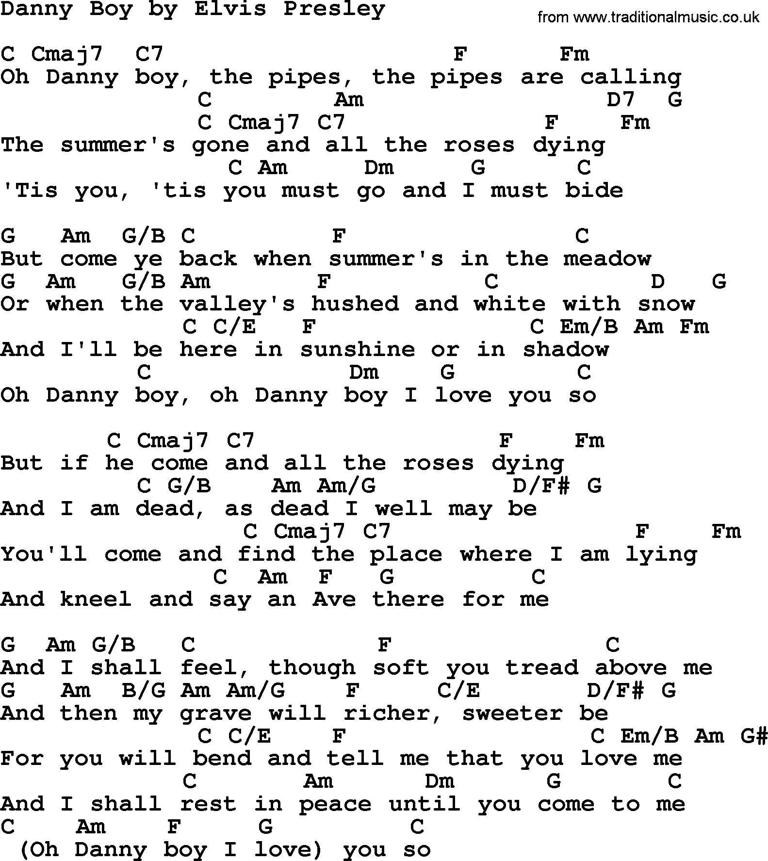 Elvis Presley song: Danny Boy, lyrics and chords