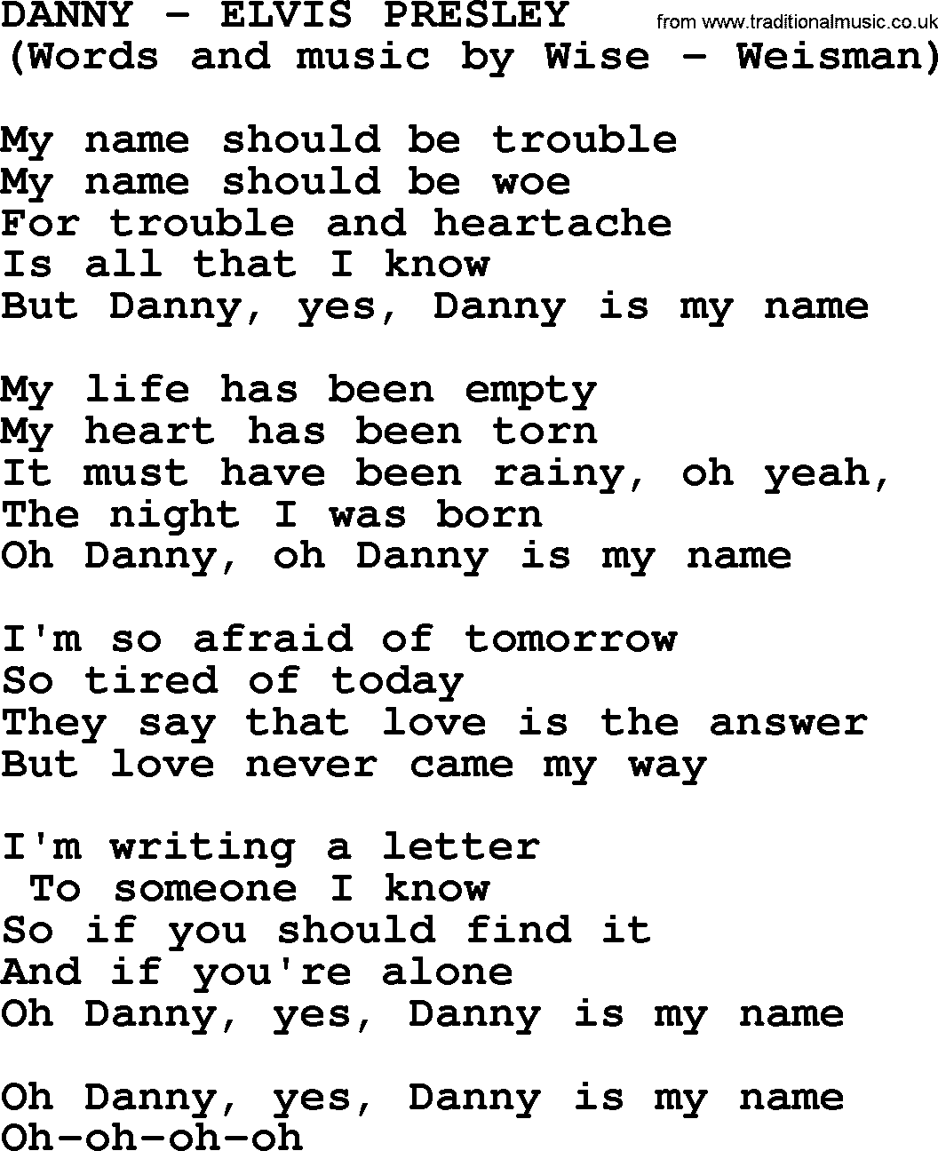 Elvis Presley song: Danny lyrics