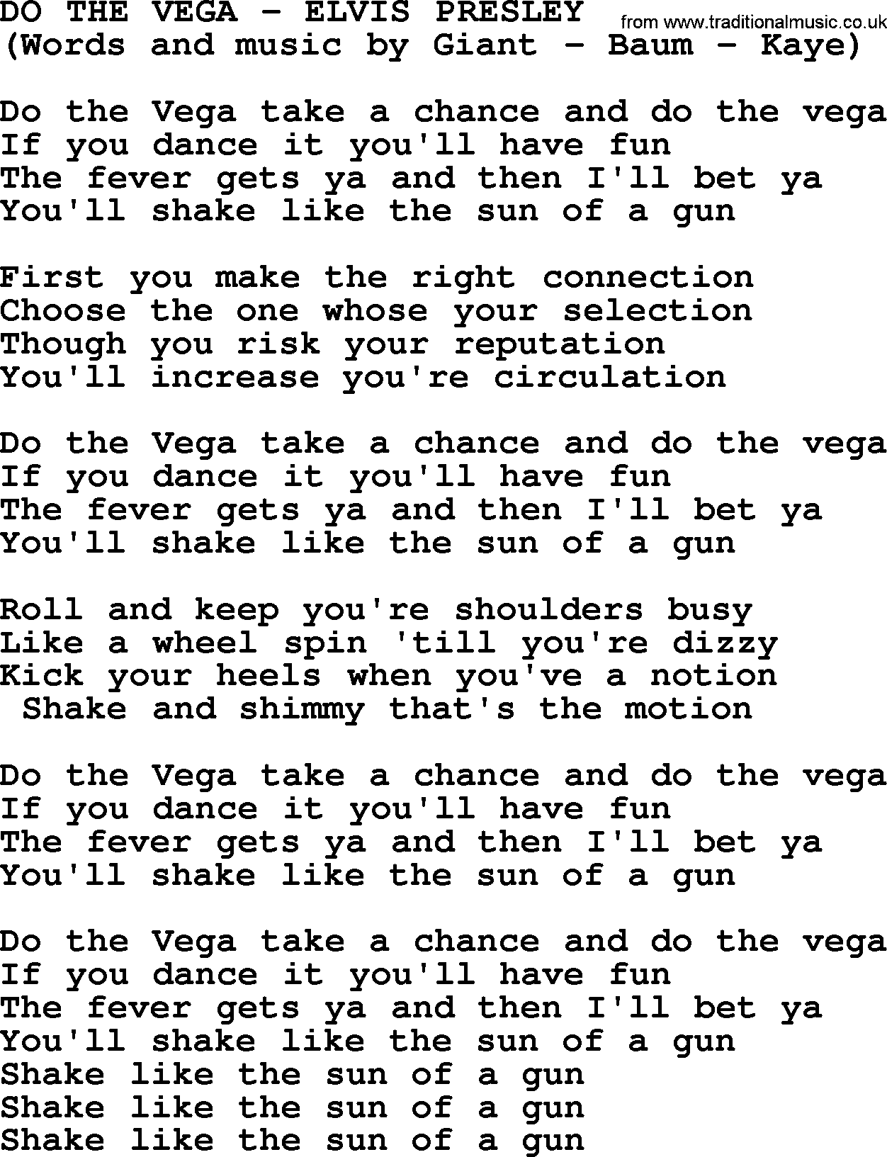 Elvis Presley song: Do The Vega lyrics