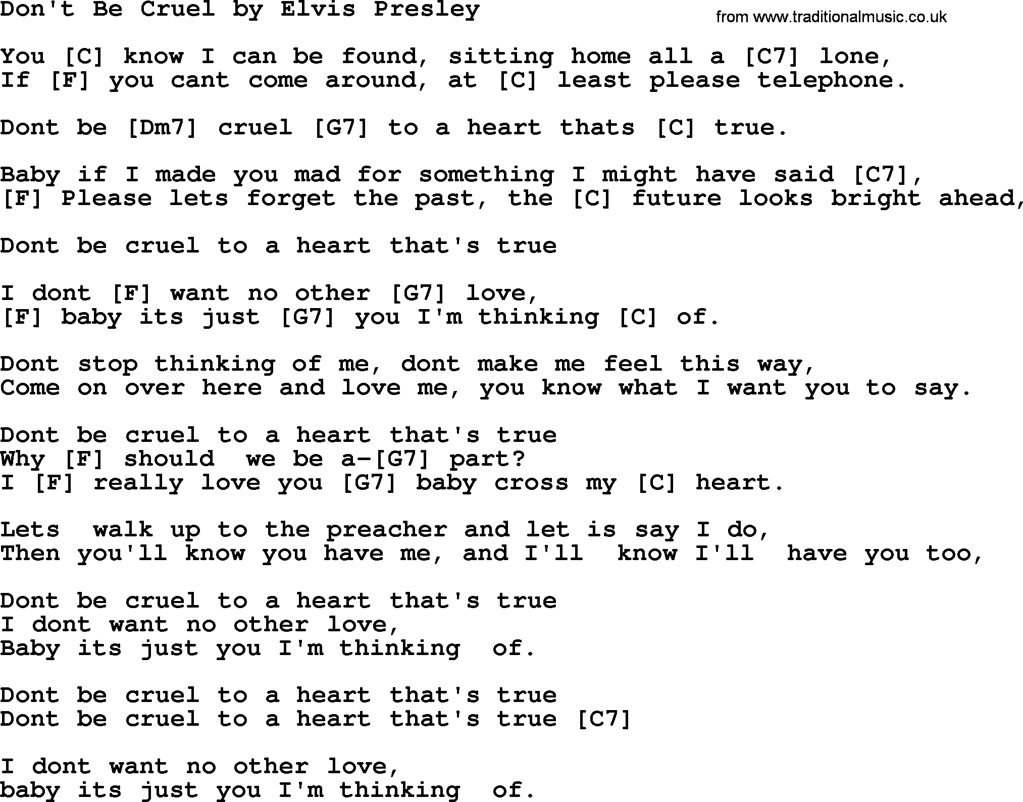 Elvis Presley song: Don't Be Cruel, lyrics and chords
