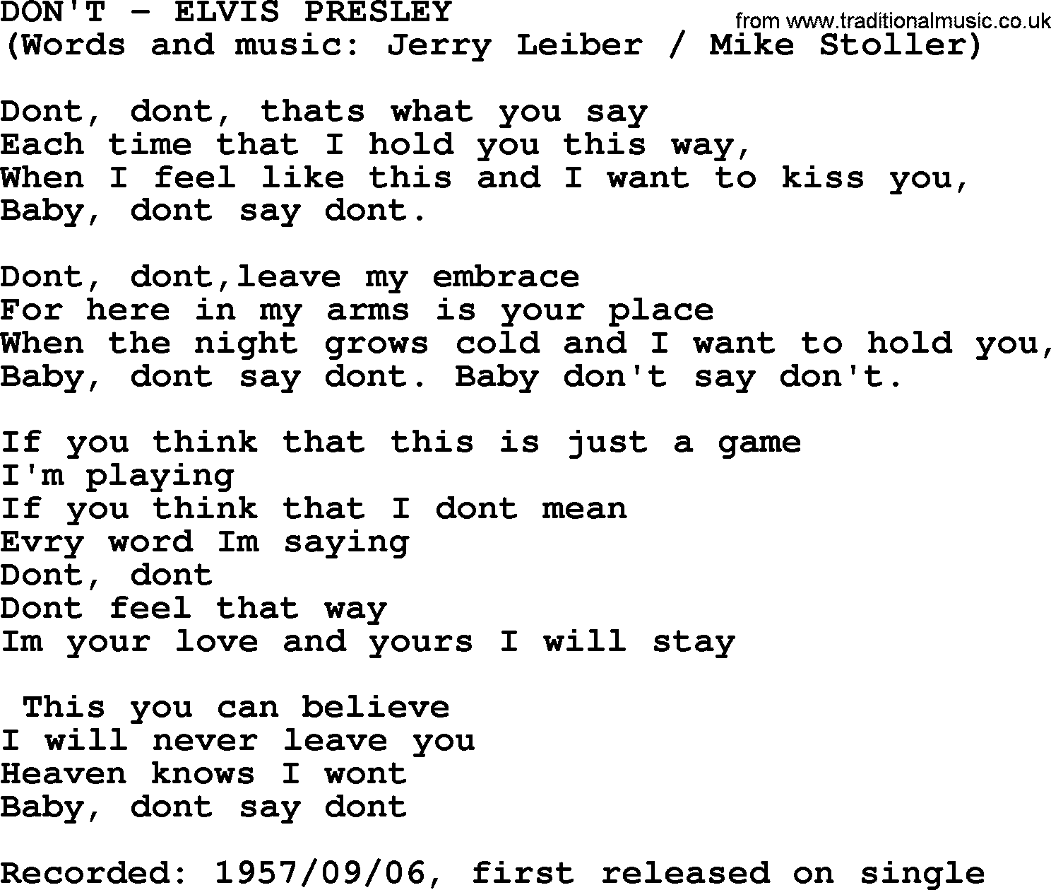 Elvis Presley song: Don't lyrics