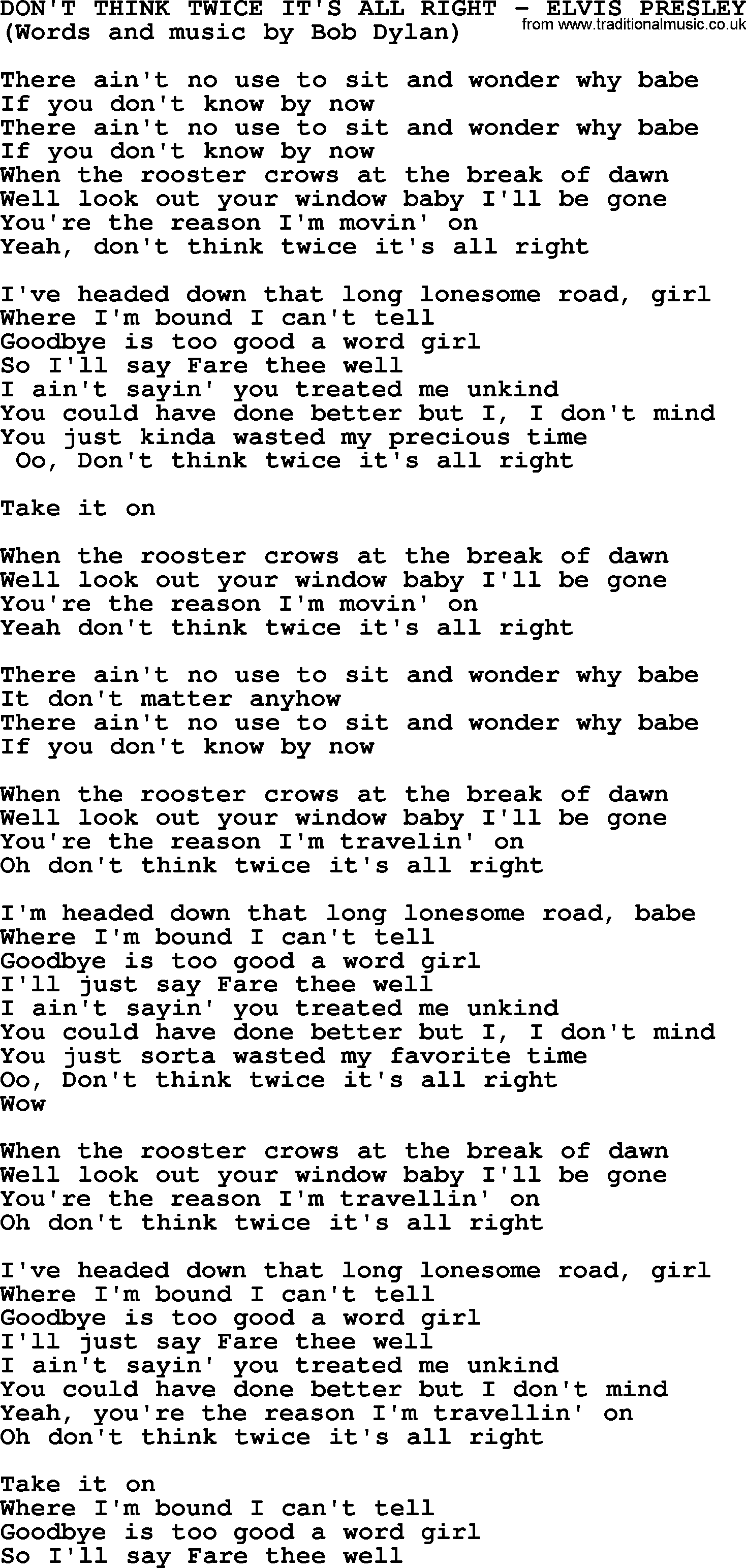 Elvis Presley song: Don't Think Twice It's All Right lyrics