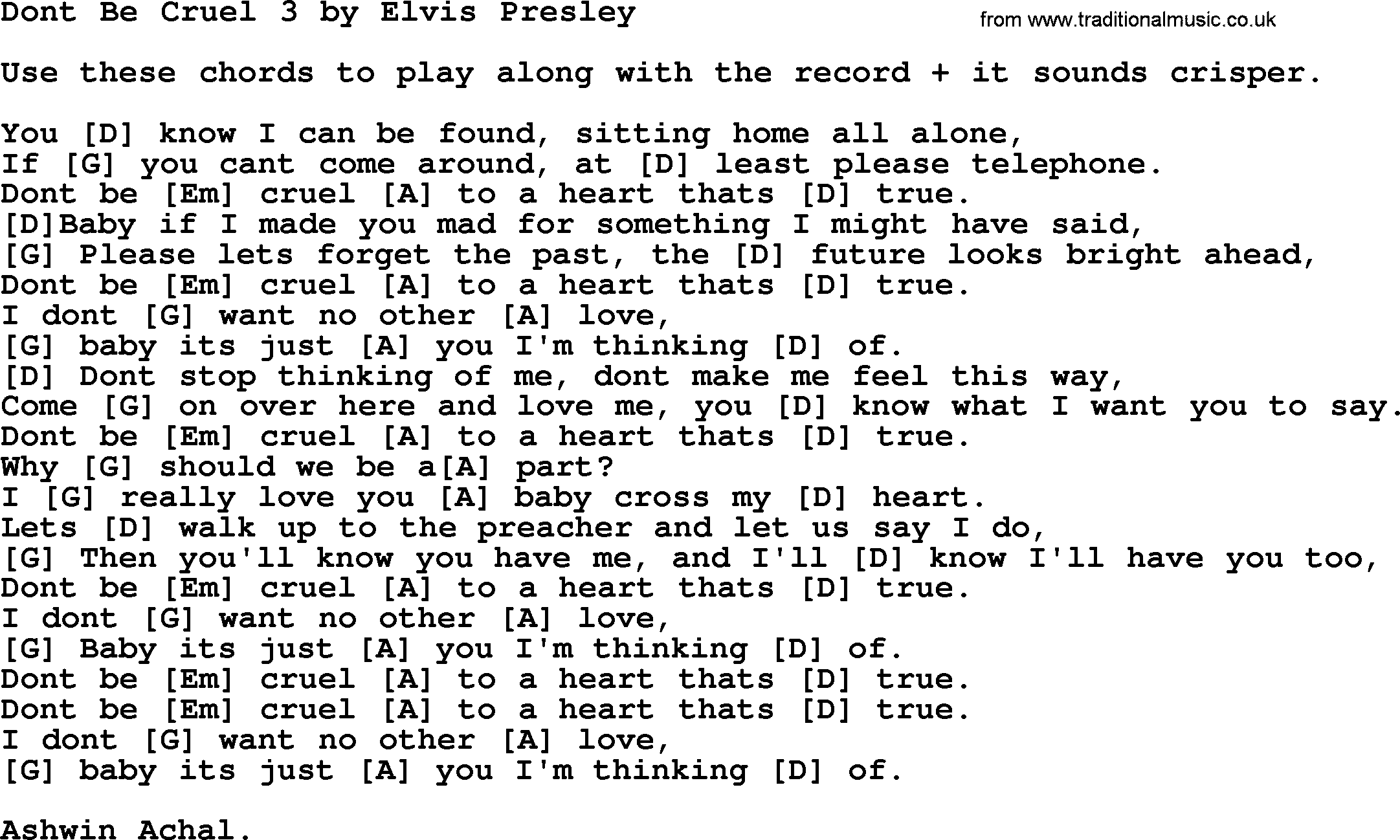 Elvis Presley song: Dont Be Cruel 3, lyrics and chords