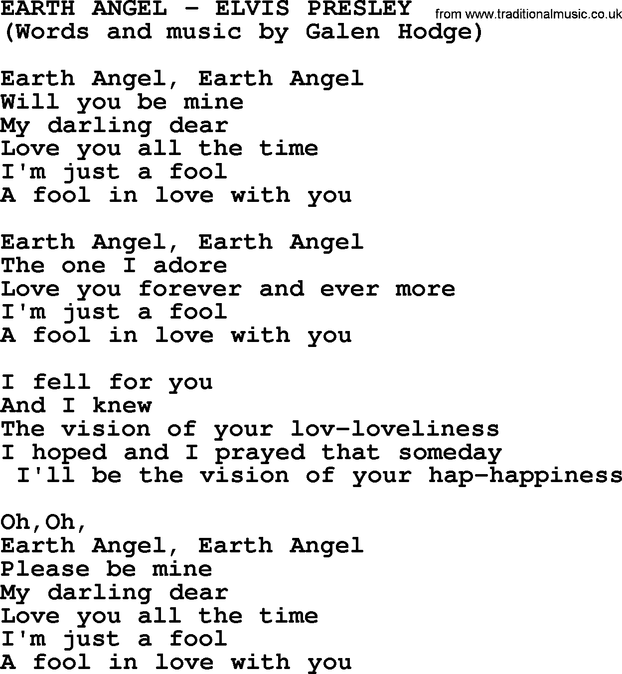 Elvis Presley song: Earth Angel lyrics