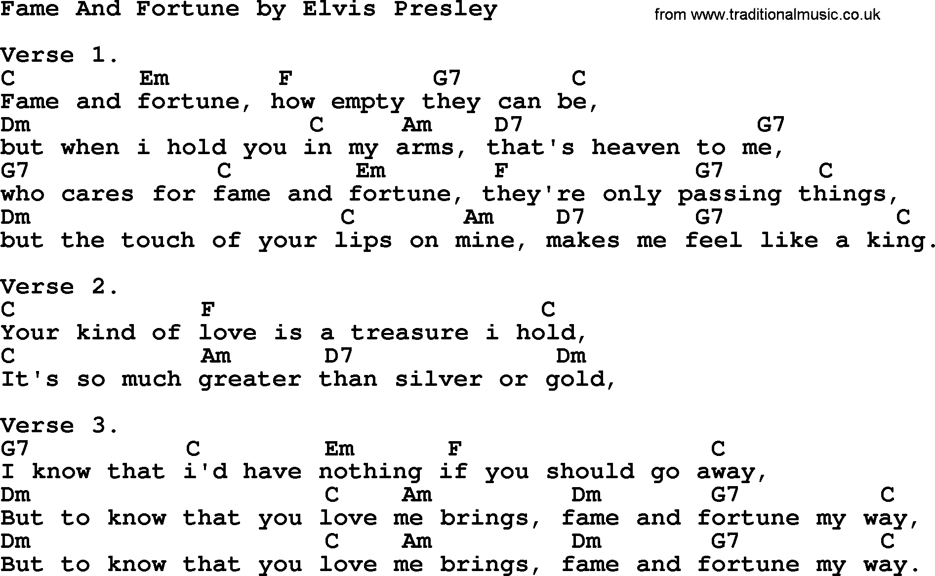 Elvis Presley song: Fame And Fortune, lyrics and chords