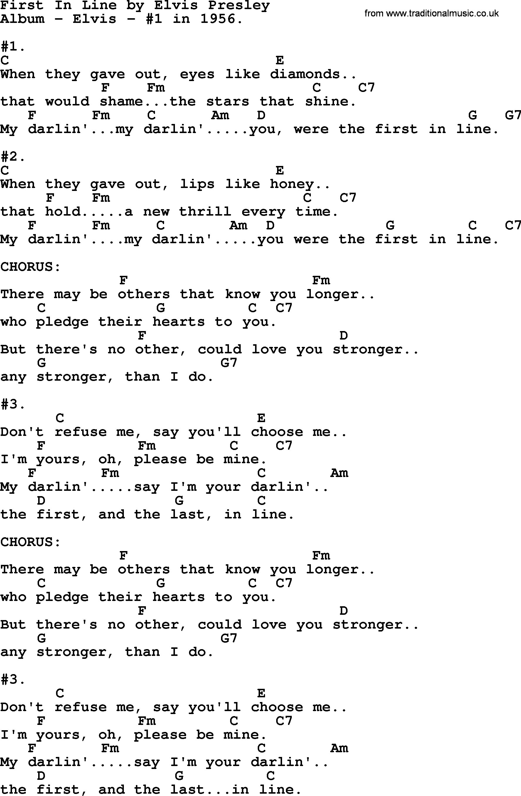 Elvis Presley song: First In Line, lyrics and chords
