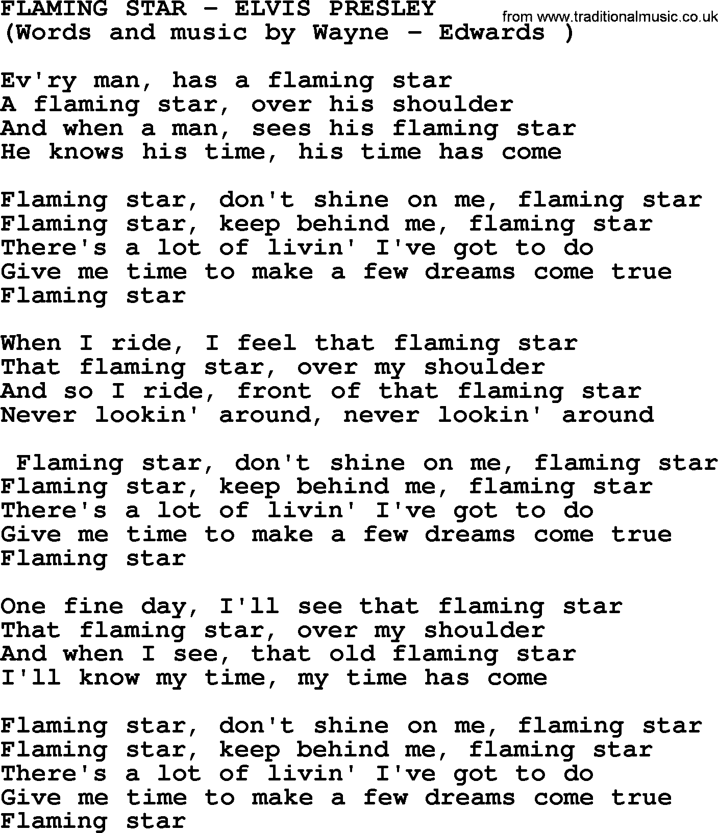 Elvis Presley song: Flaming Star lyrics
