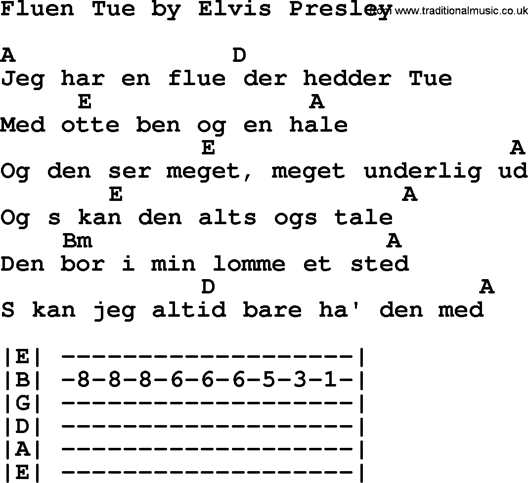 Elvis Presley song: Fluen Tue, lyrics and chords