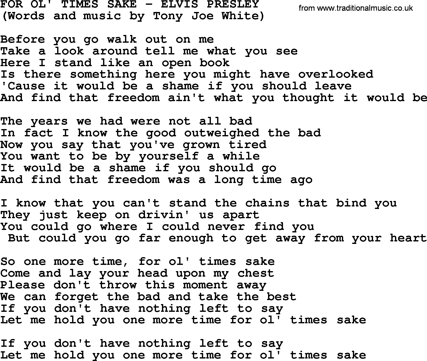 Elvis Presley song: For Ol' Times Sake lyrics