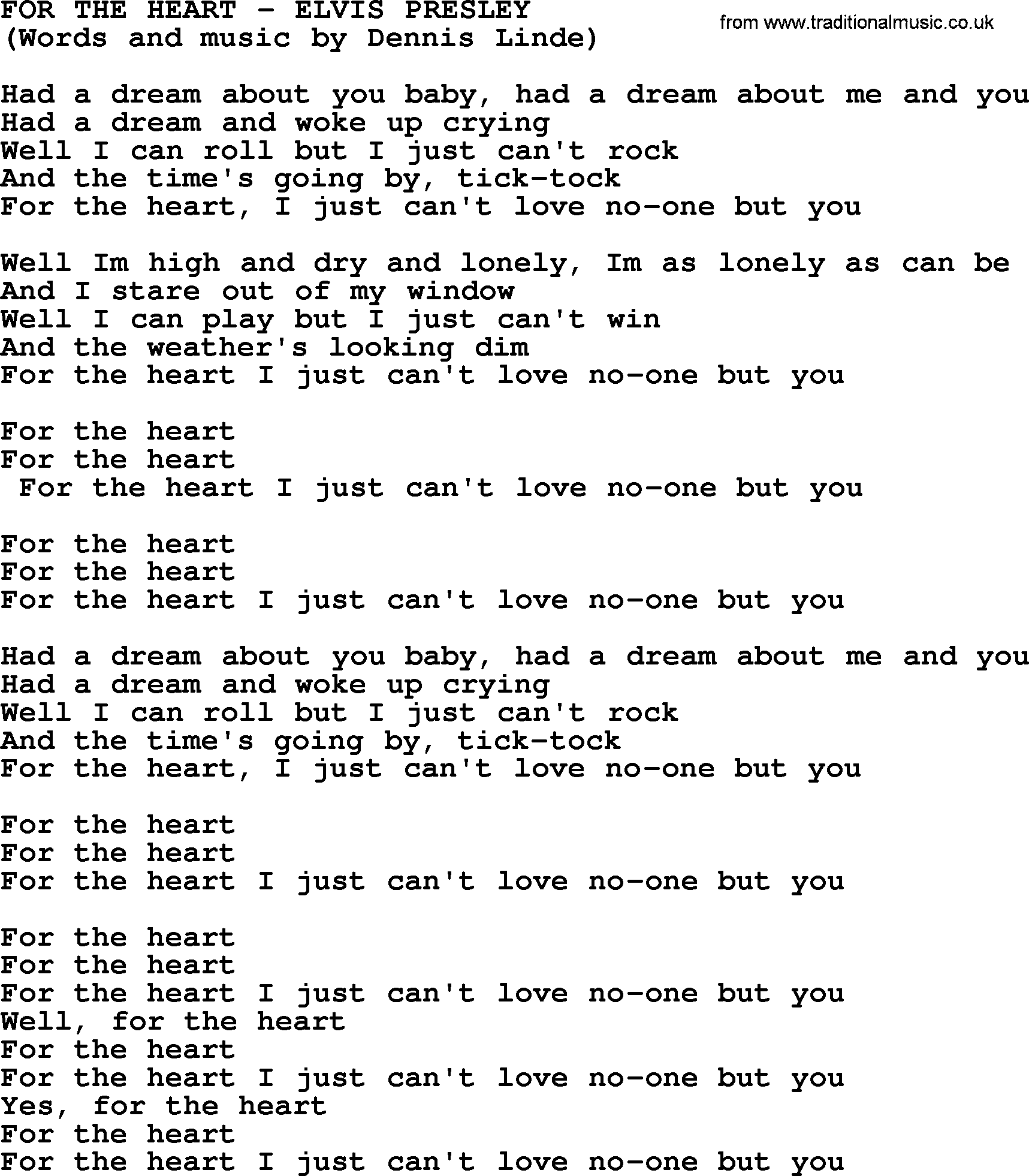 Elvis Presley song: For The Heart lyrics