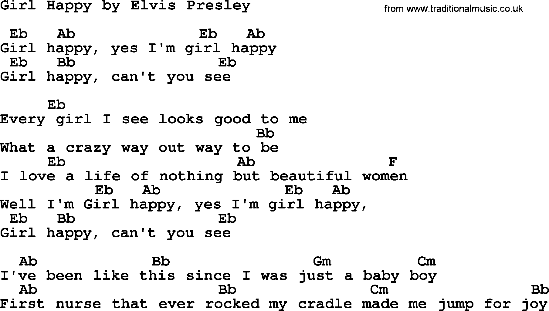 Elvis Presley song: Girl Happy, lyrics and chords