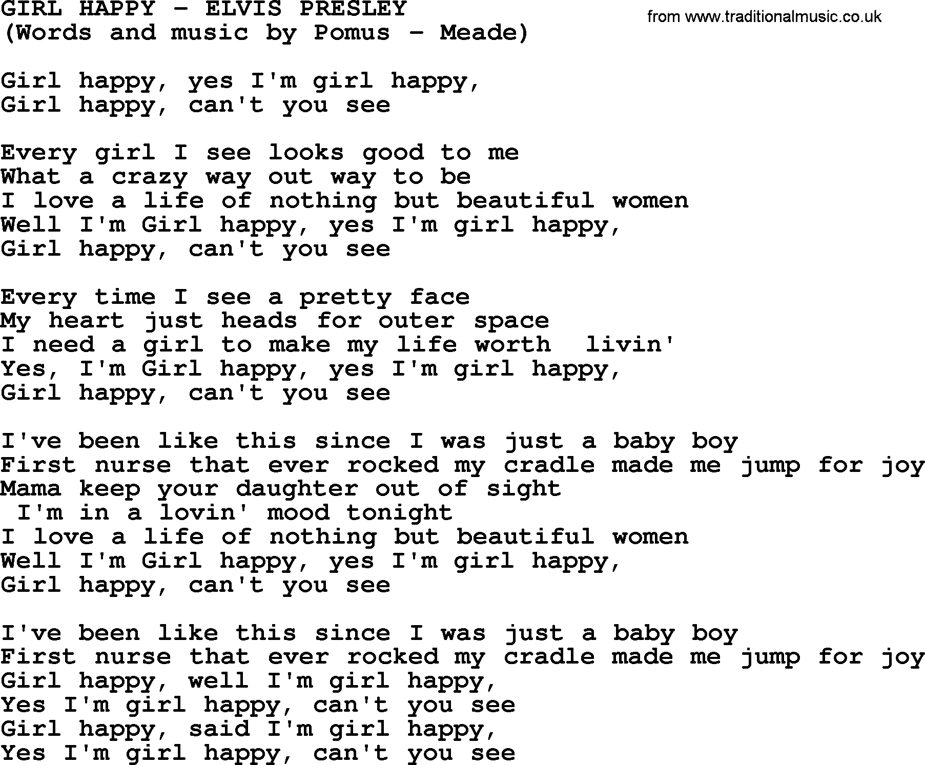 Elvis Presley song: Girl Happy lyrics