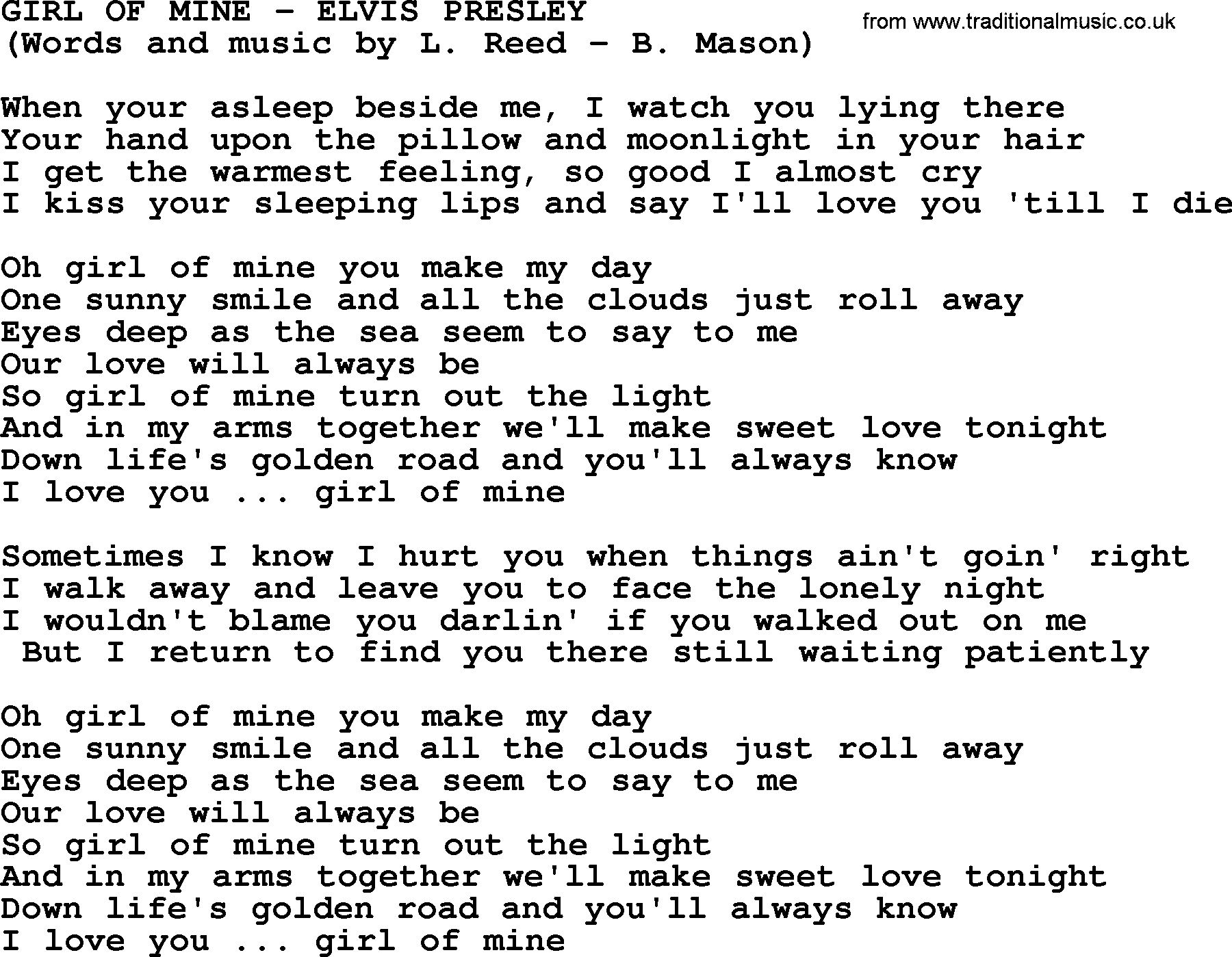 Elvis Presley song: Girl Of Mine lyrics