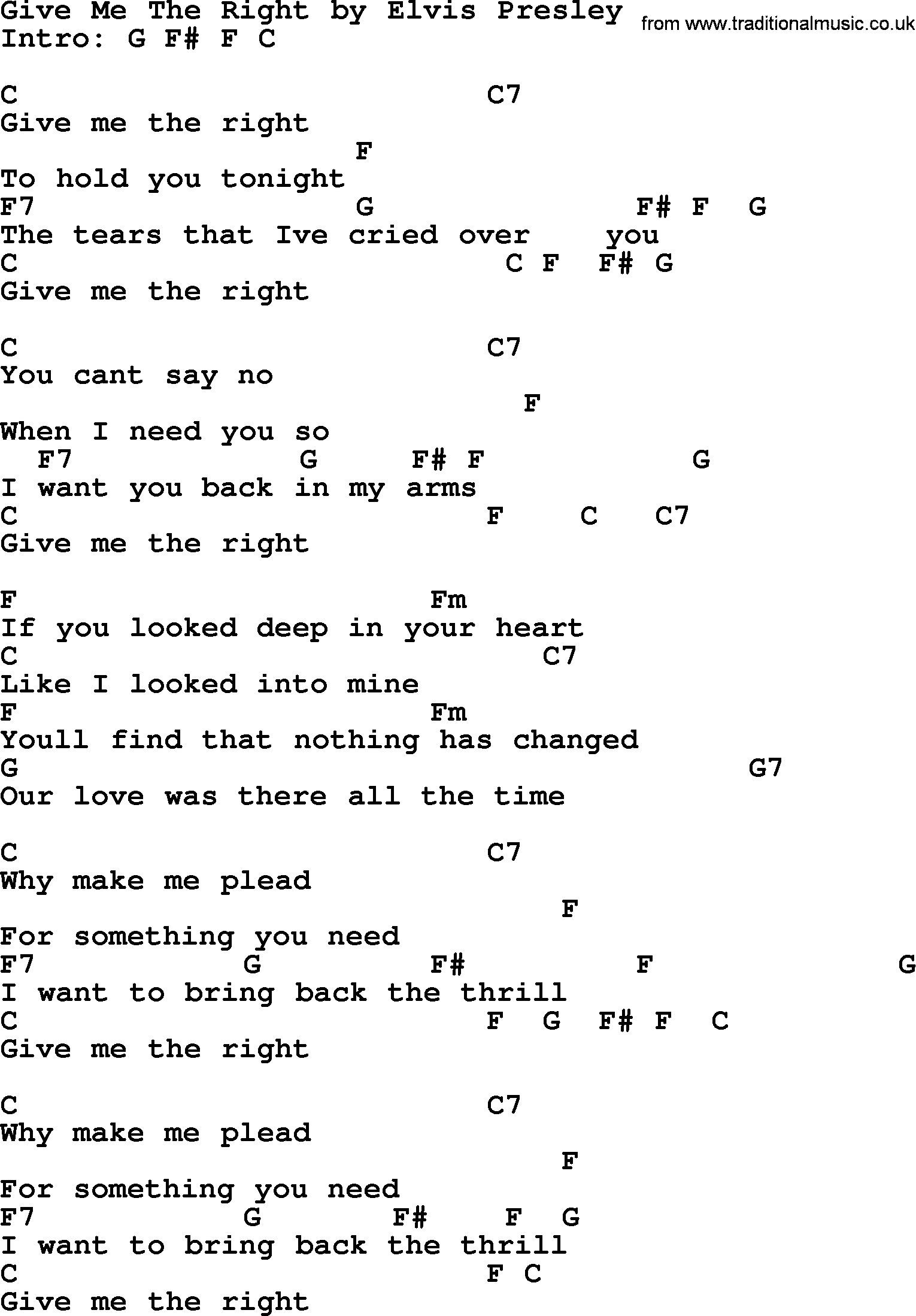 Elvis Presley song: Give Me The Right, lyrics and chords