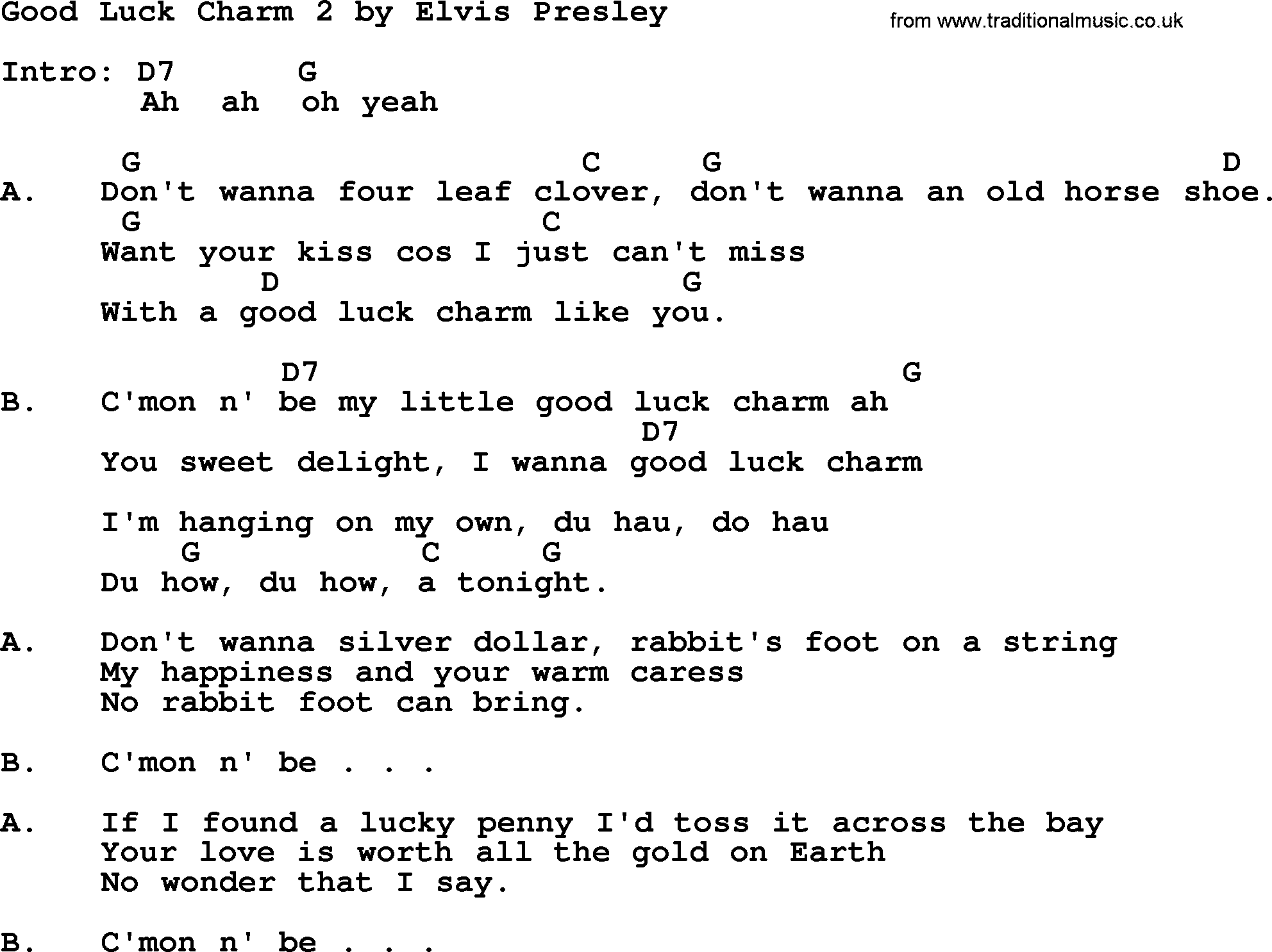 Elvis Presley song: Good Luck Charm 2, lyrics and chords