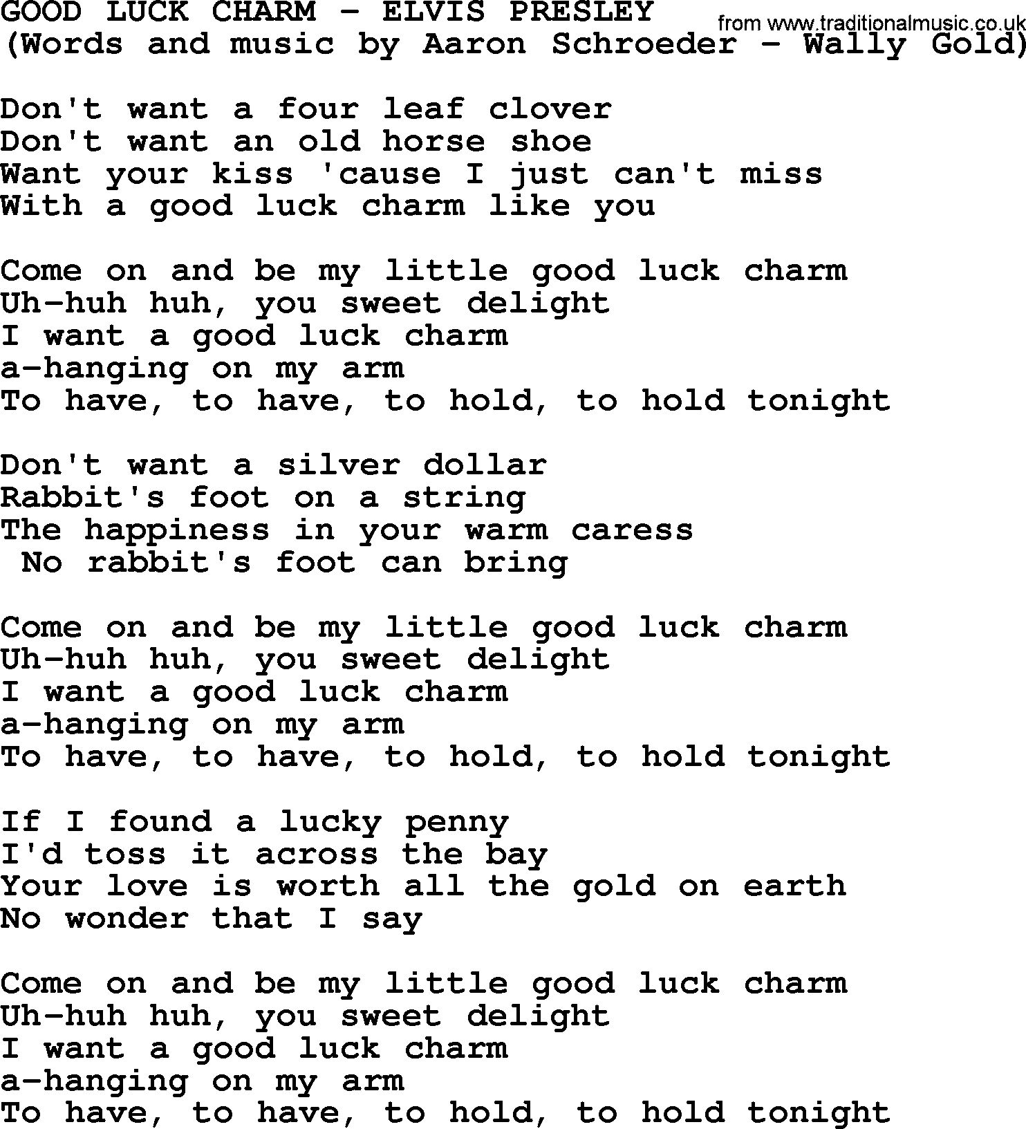 Elvis Presley song: Good Luck Charm lyrics