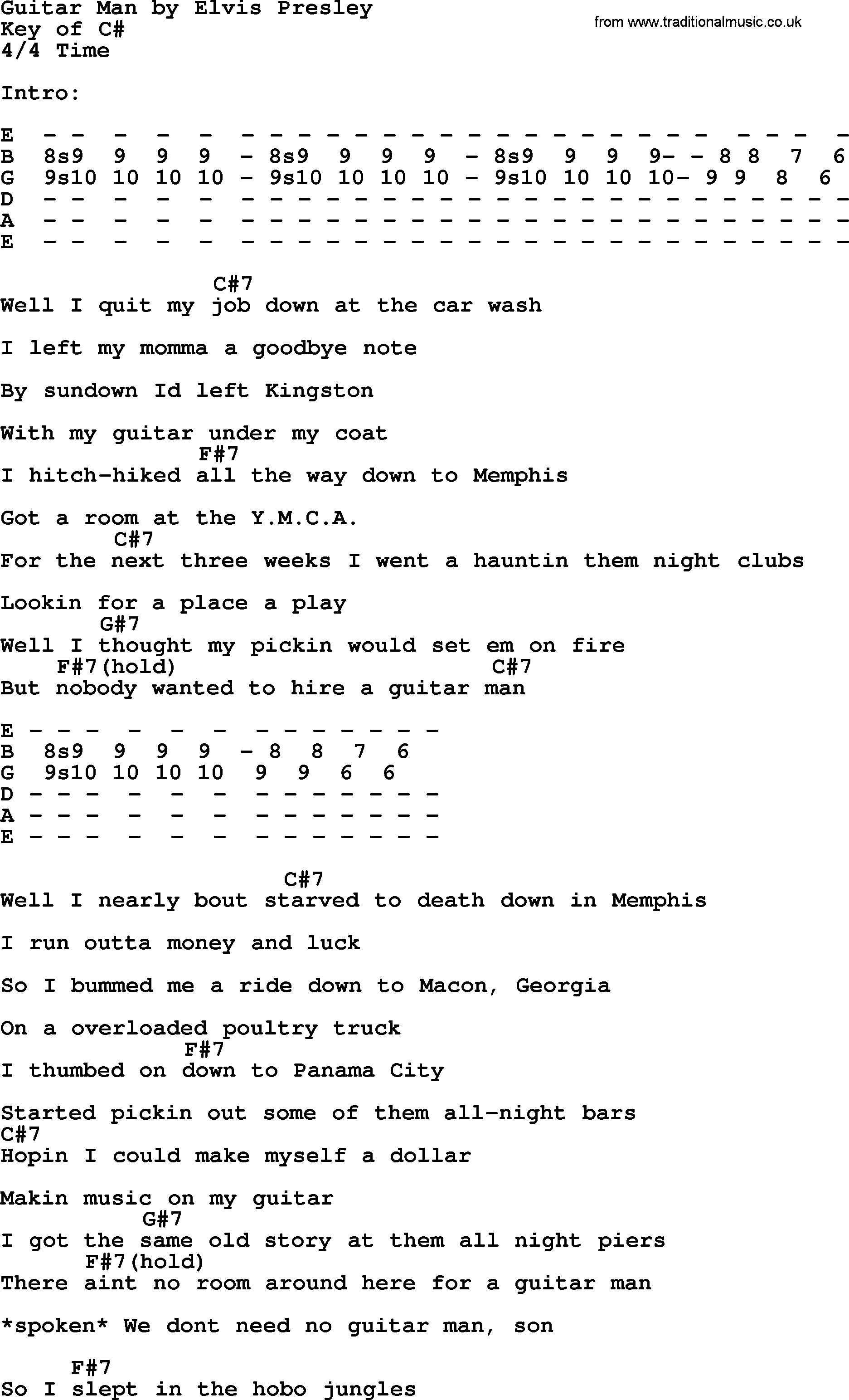 Elvis Presley song: Guitar Man, lyrics and chords