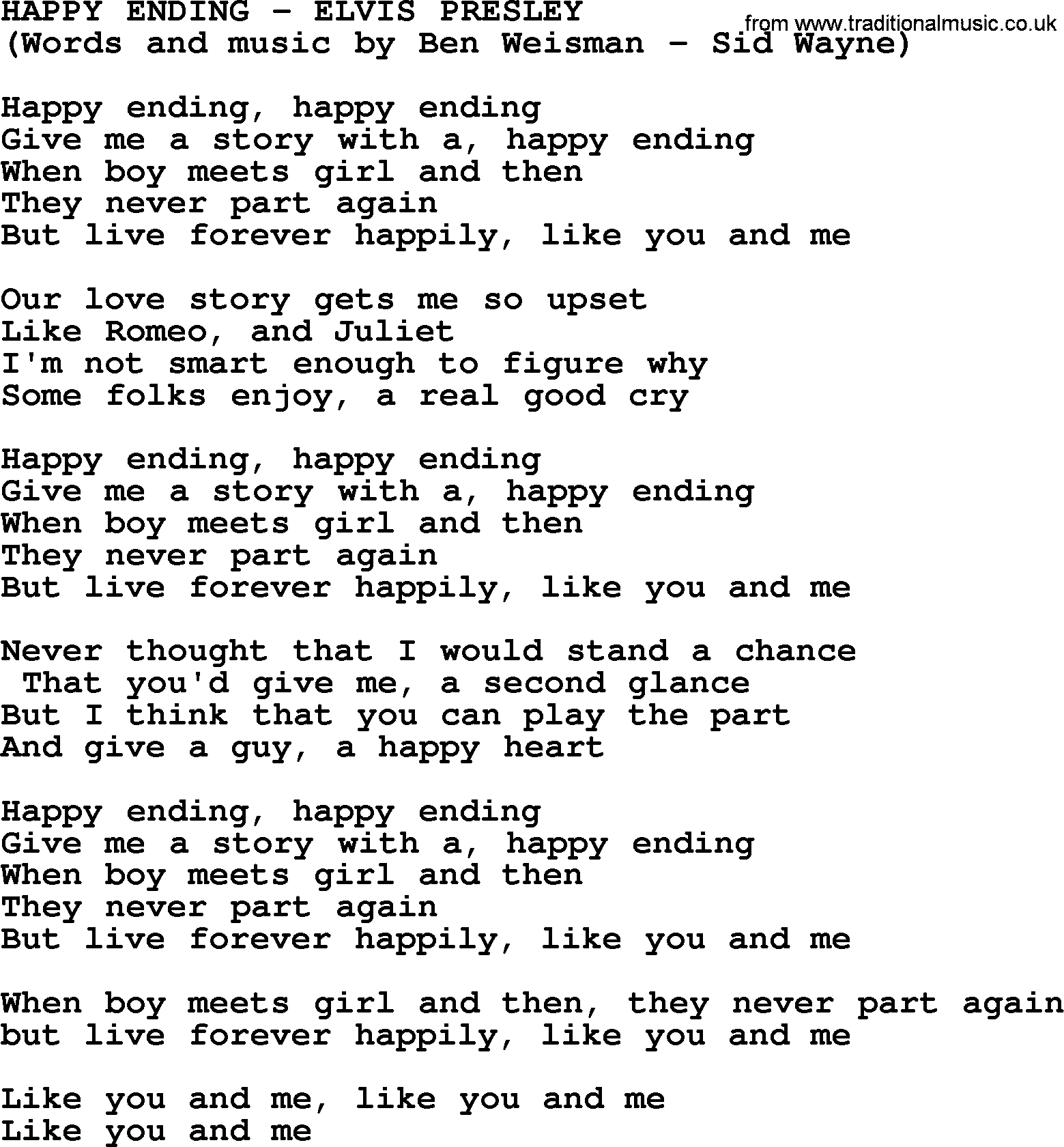 Elvis Presley song: Happy Ending lyrics