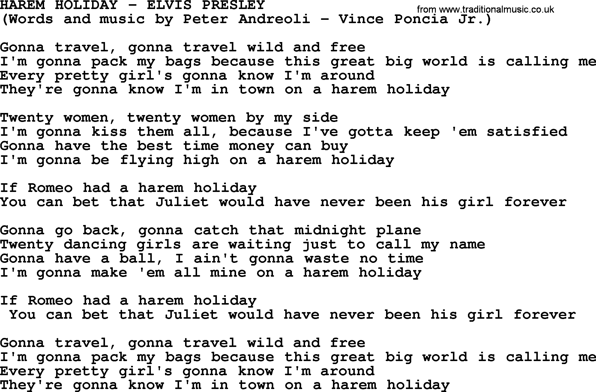 Elvis Presley song: Harem Holiday lyrics