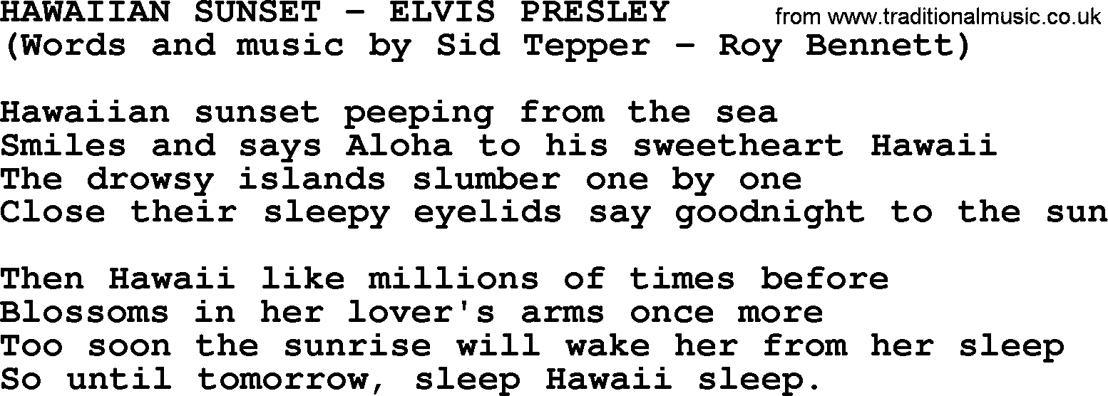 Elvis Presley song: Hawaiian Sunset lyrics