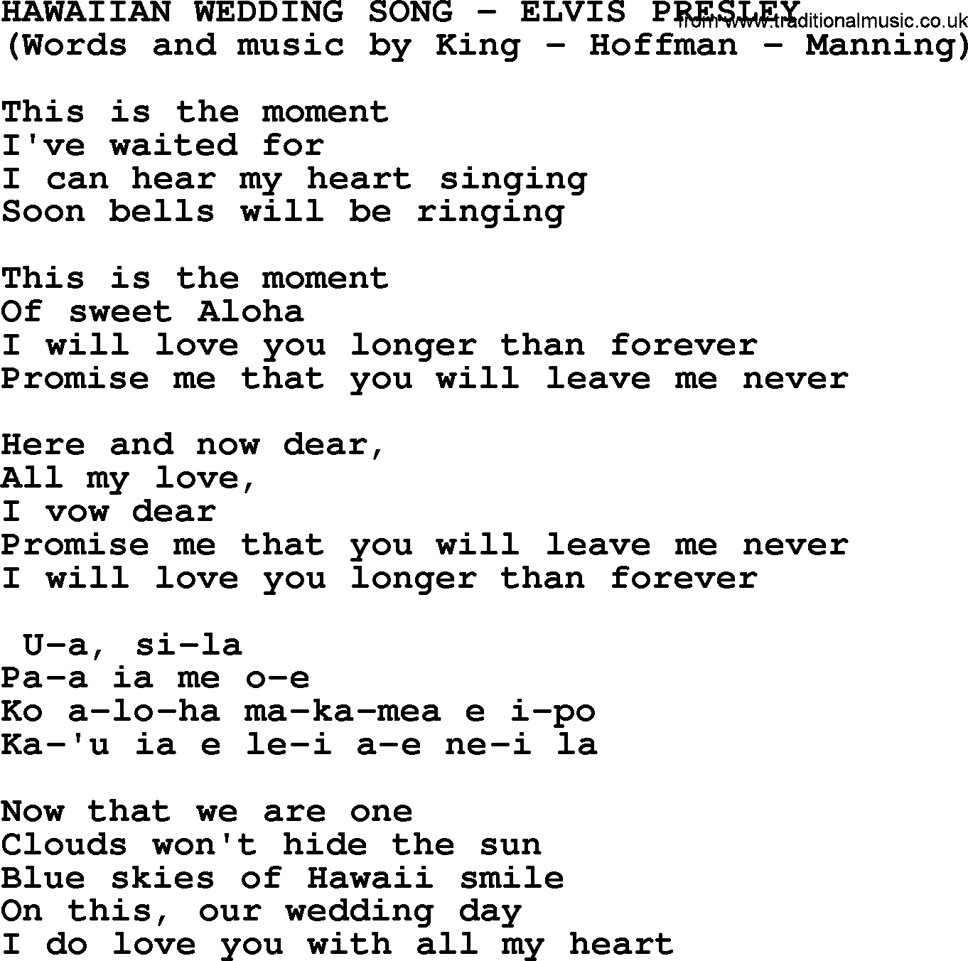 Elvis Presley song: Hawaiian Wedding Song lyrics