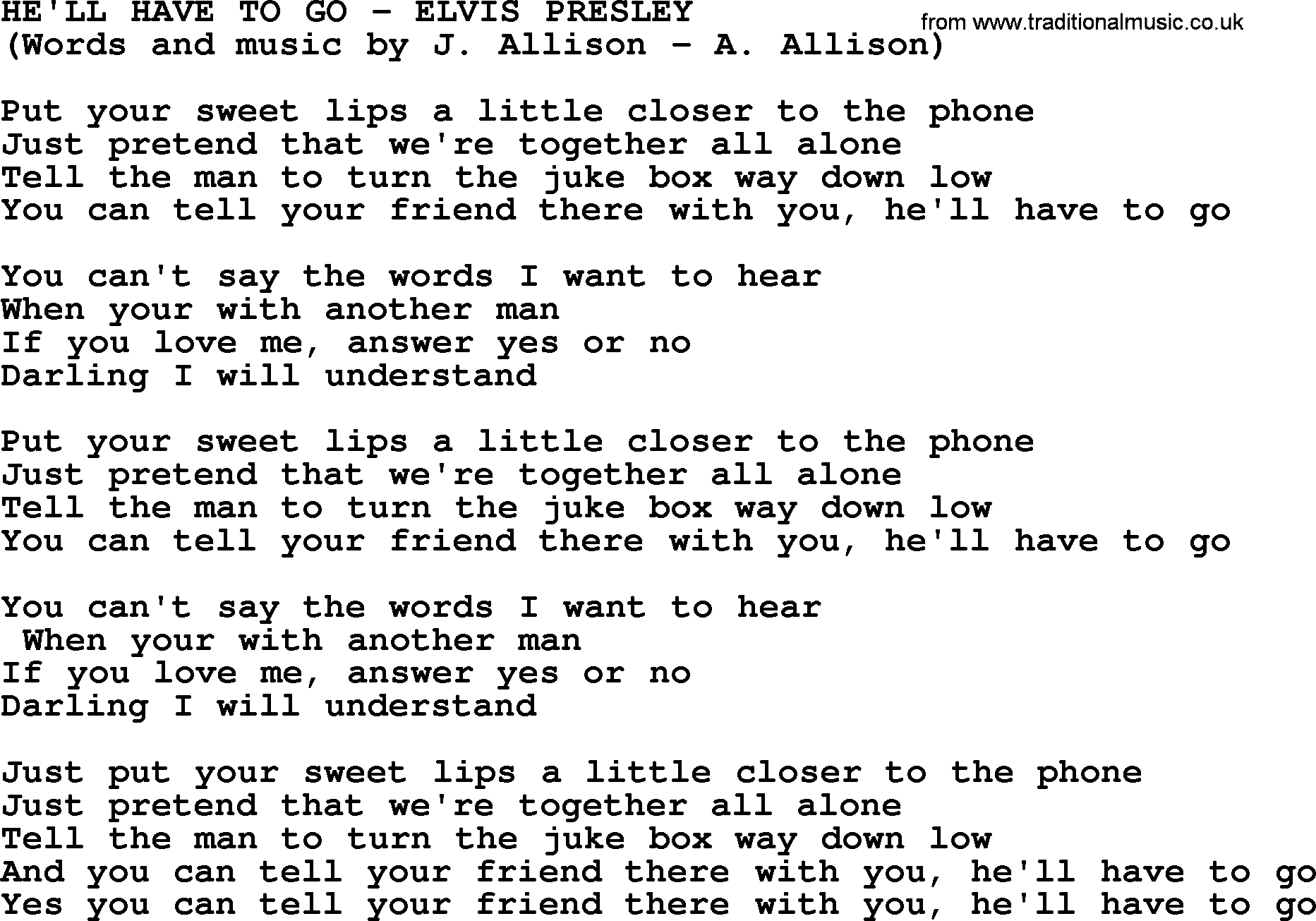 Elvis Presley song: He'll Have To Go lyrics