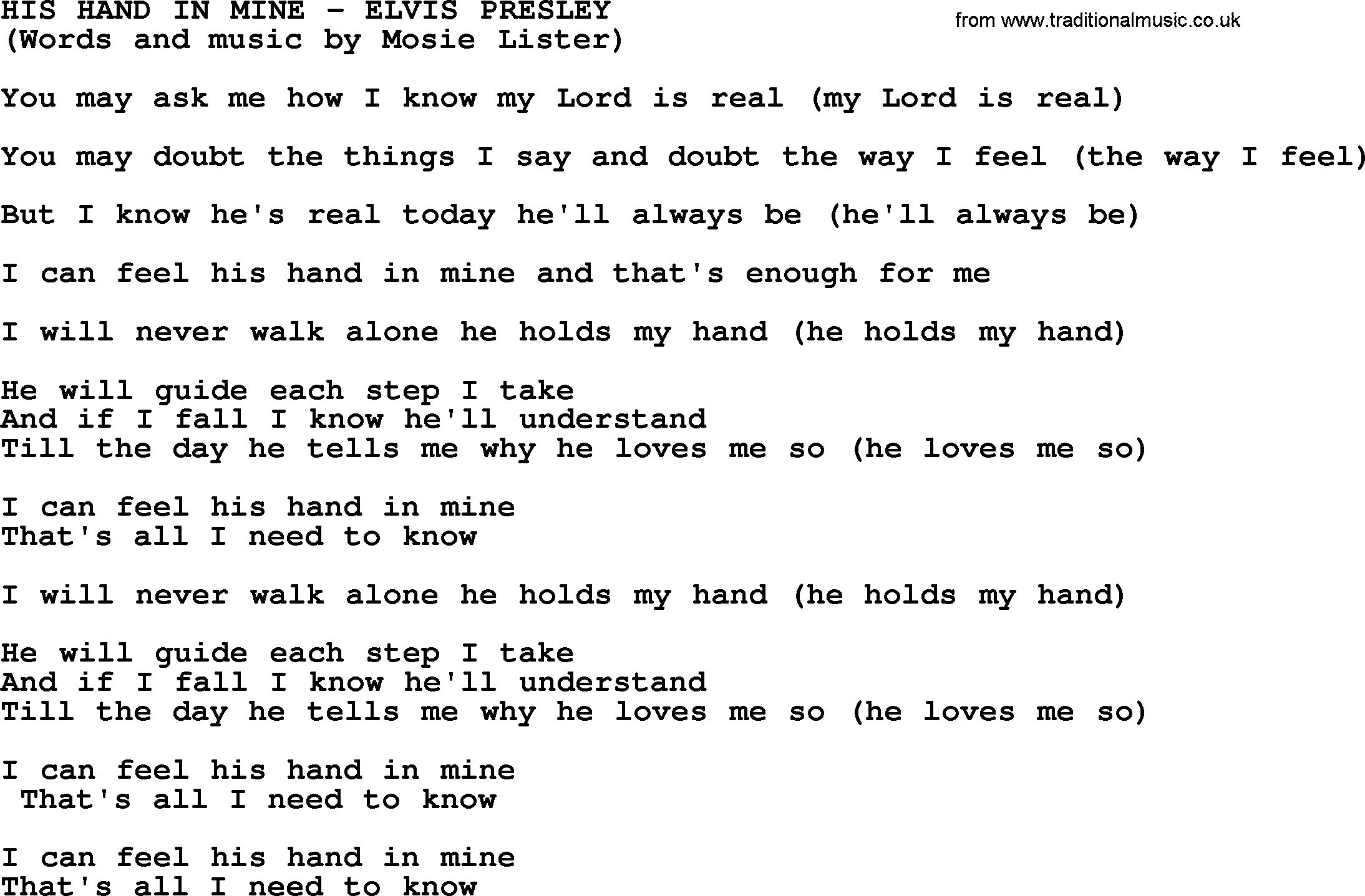 Elvis Presley song: His Hand In Mine lyrics