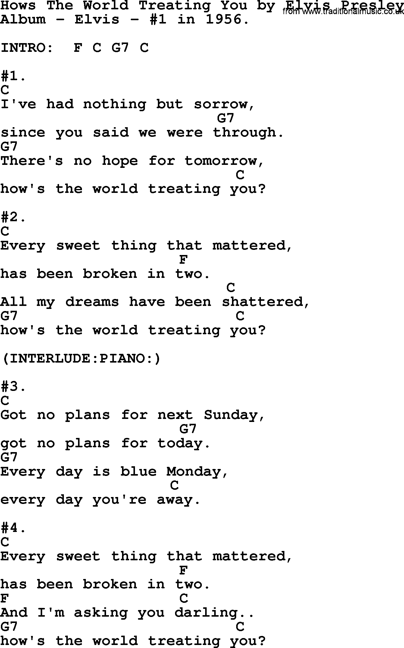 Elvis Presley song: Hows The World Treating You, lyrics and chords