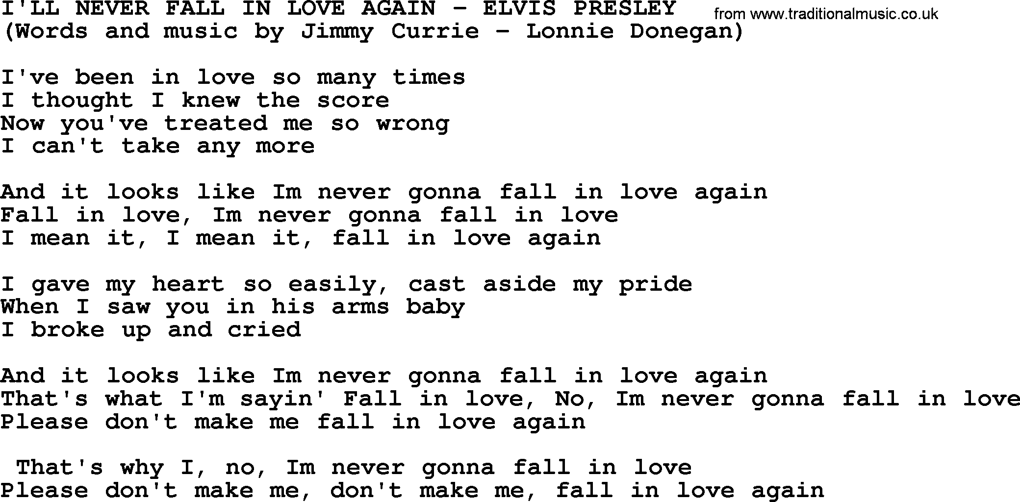 Elvis Presley song: I'll Never Fall In Love Again lyrics