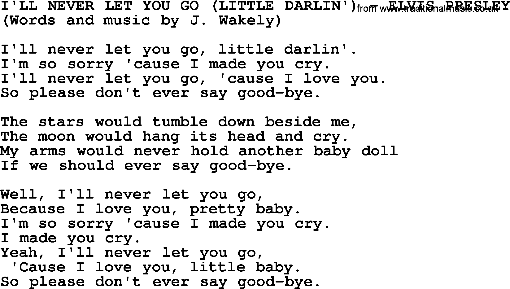 Elvis Presley song: I'll Never Let You Go (Little Darlin') lyrics