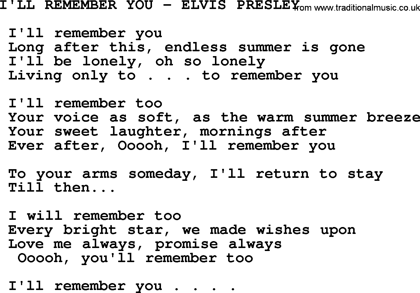 Elvis Presley song: I'll Remember You-Elvis Presley-.txt lyrics and chords