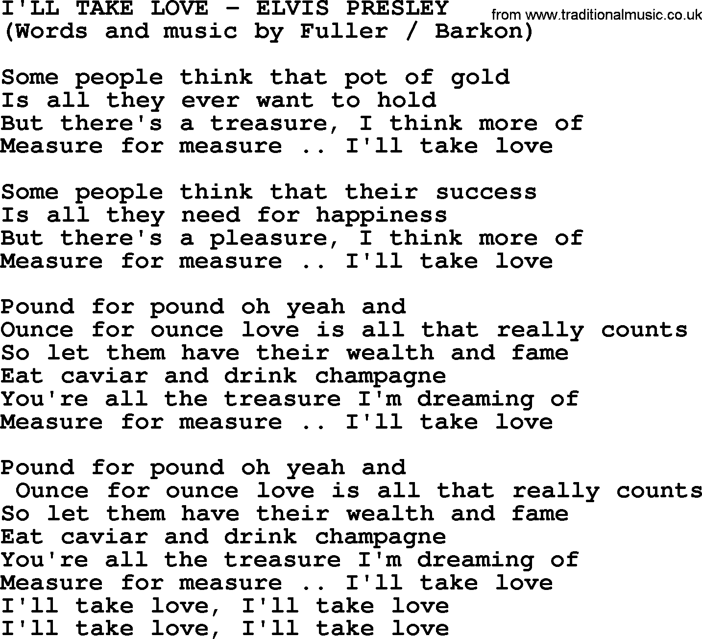 Elvis Presley song: I'll Take Love lyrics